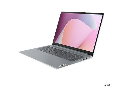 Beyaz arka planda renkli ekrana ve AMD logosuna sahip gri bir dizüstü bilgisayar.