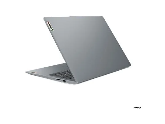 Beyaz arka planda arkadan görünen gri renkli bir Lenovo dizüstü bilgisayar, sağ altta AMD logosu var.