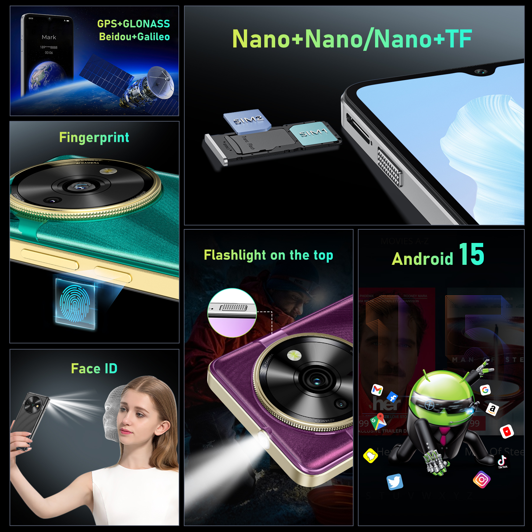 Funciones del teléfono: GPS, doble SIM, lector de huellas, linterna superior, reconocimiento facial y Android 15.