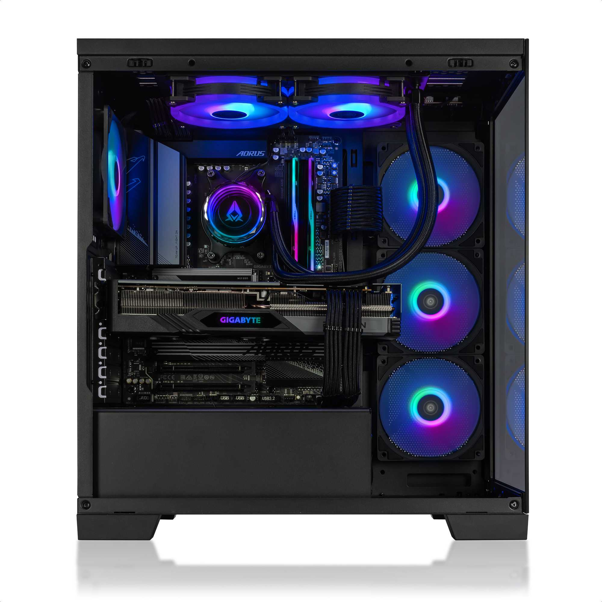 Ein offener PC-Turm mit beleuchteten Lüftern, Aorus-Motherboard und Gigabyte-Grafikkarte.