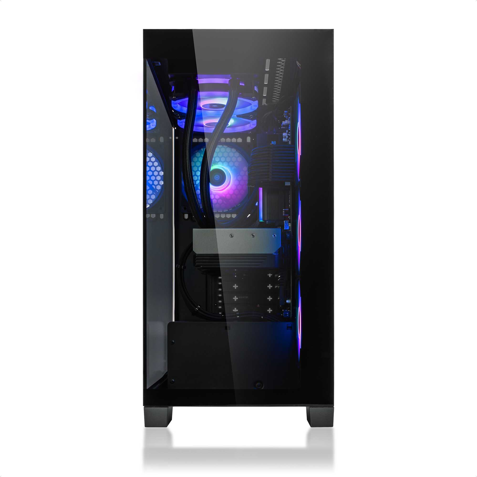 Ein schwarzes Computergehäuse mit Glasfront zeigt bunte RGB-Lüfter und interne Komponenten.