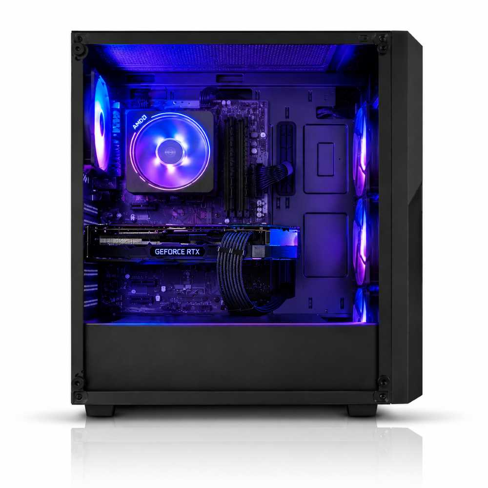 Ein Desktop-PC mit schwarzem Gehäuse und blauer Innenbeleuchtung, das Komponenten wie CPU-Kühler und Grafikkarte zeigt.