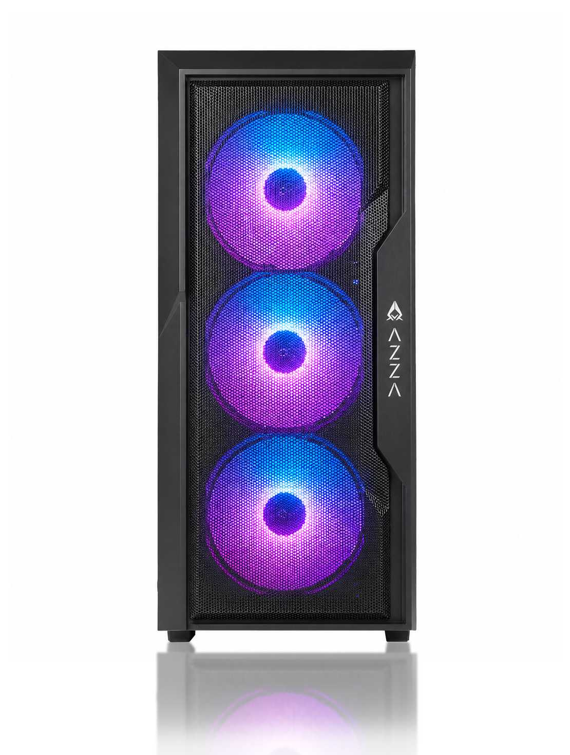 Schwarzes PC-Gehäuse mit Mesh-Front, das drei blau-lila leuchtende Lüfter zeigt.