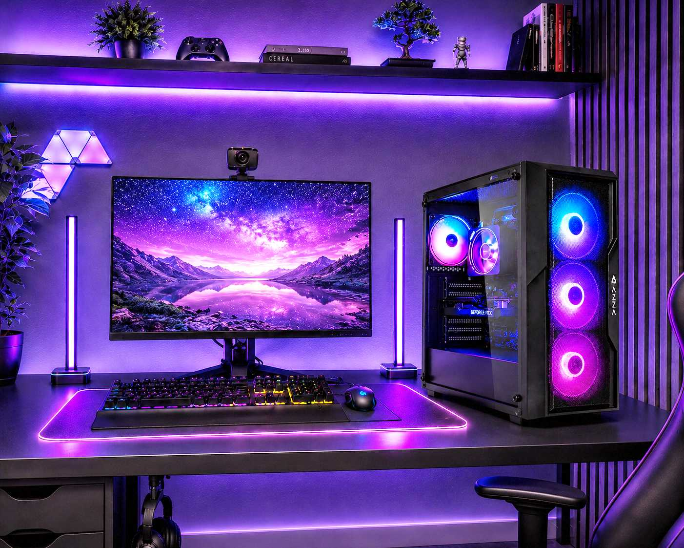 Ein Gaming-Schreibtisch mit Monitor, Tastatur, Maus und PC-Tower, beleuchtet mit lebendigen violetten LEDs.