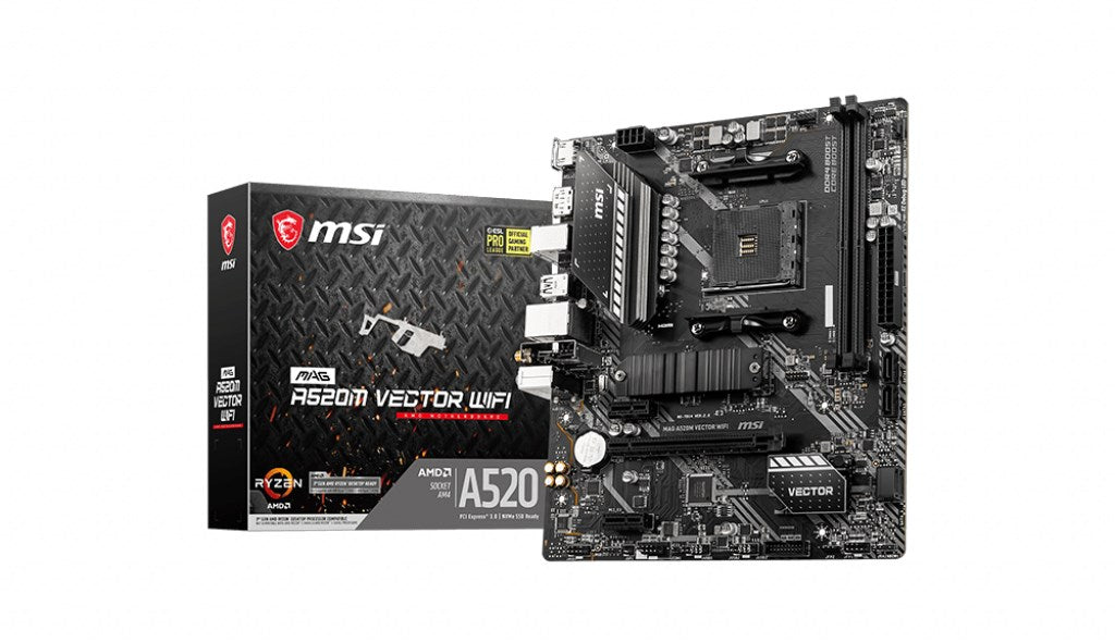 Scheda madre MSI MAG A520M Vector WiFi mostrata con la sua scatola.