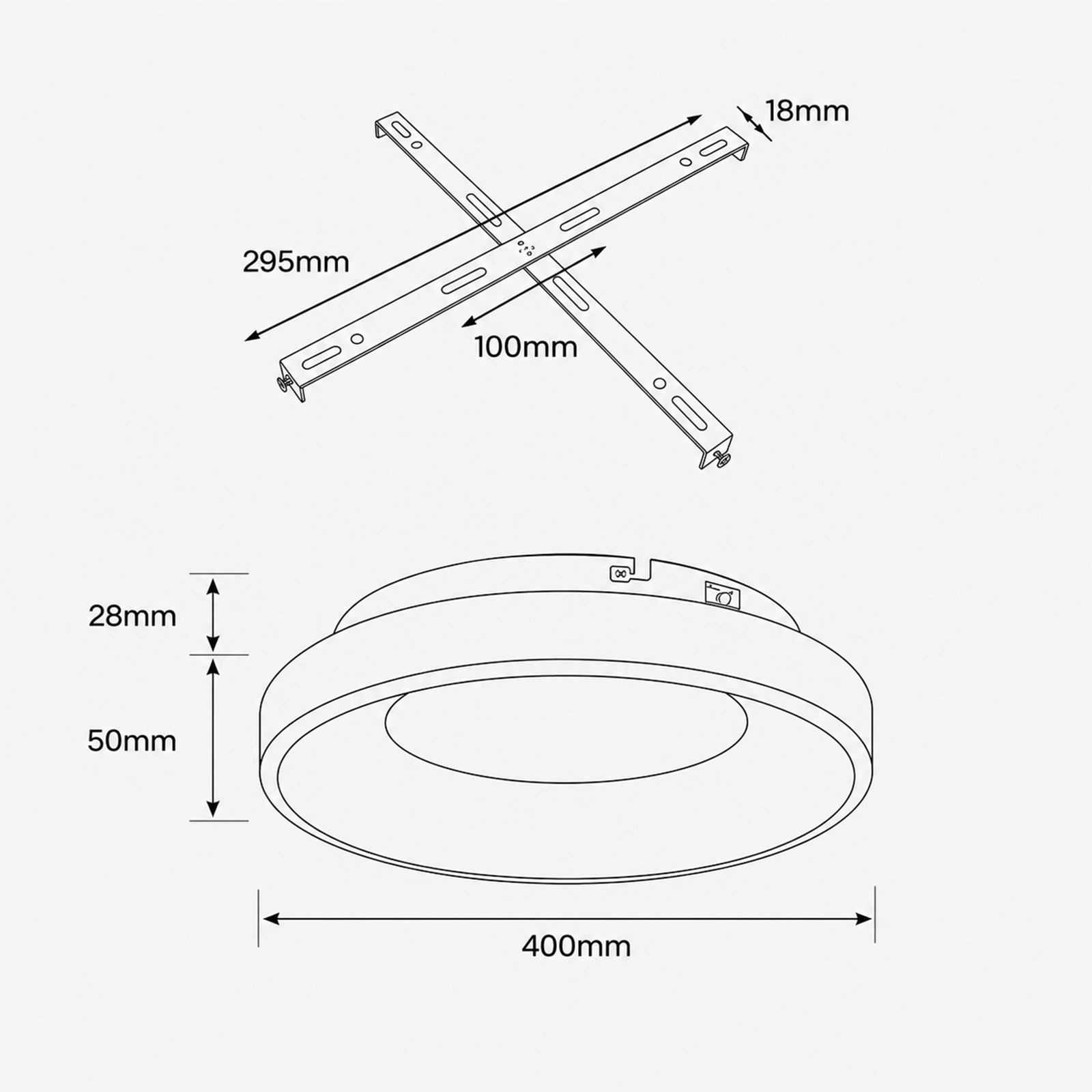 Dibujo técnico de una lámpara de techo redonda con dimensiones para el soporte y los soportes de montaje.