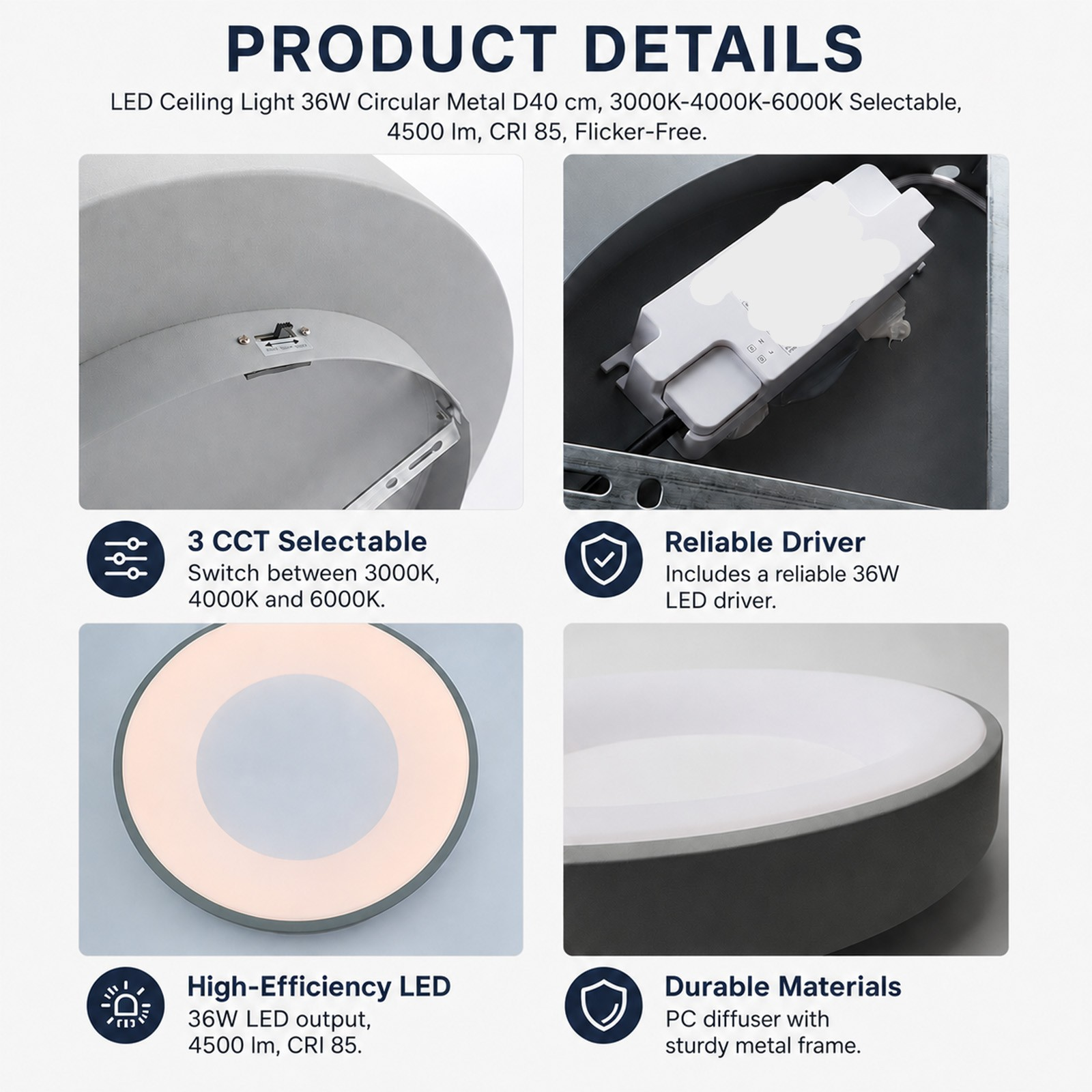 Cuatro paneles con detalles de luz de techo LED: interruptor, controlador, anillo iluminado y marco.