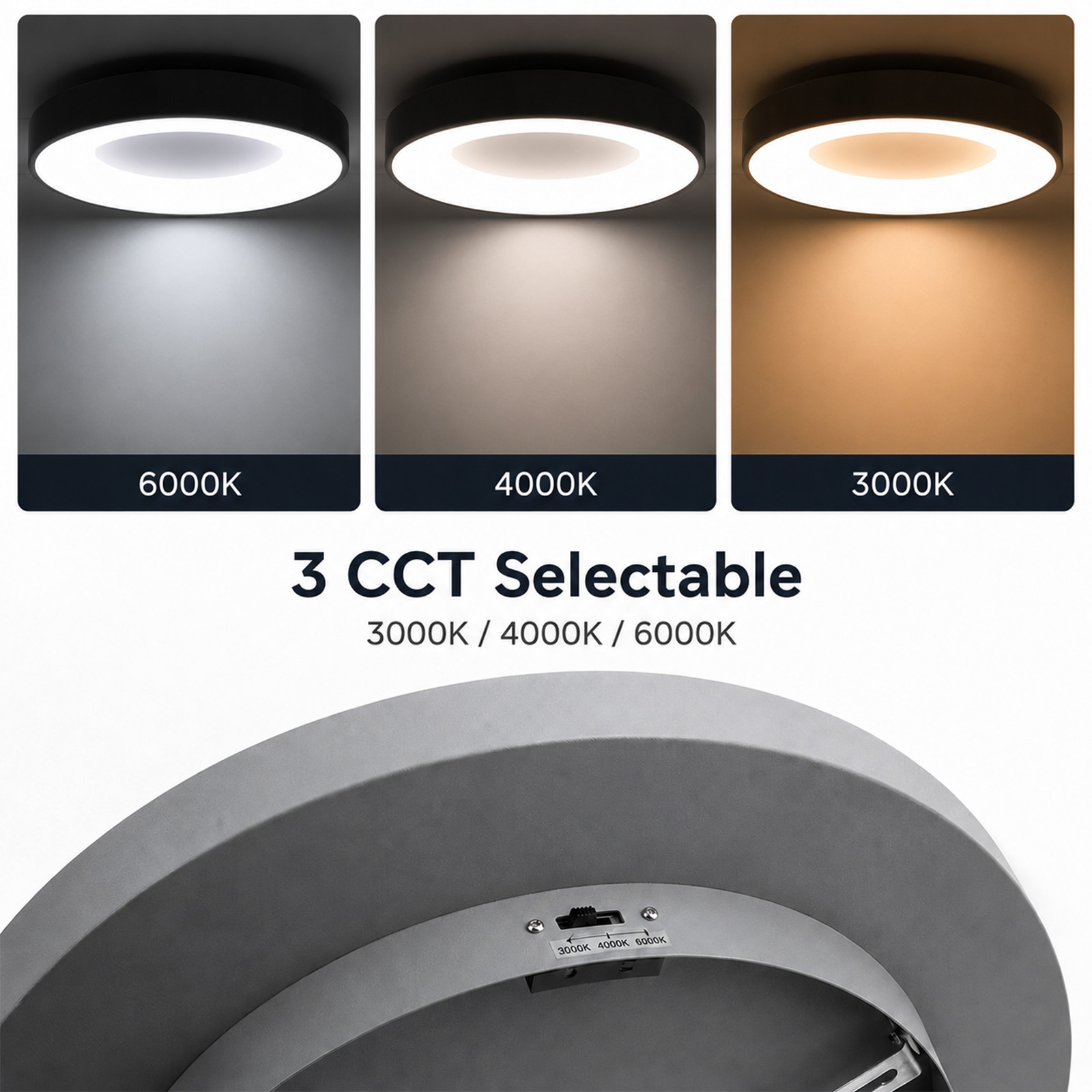 Luz LED redonda con tres temperaturas de color seleccionables: 3000K, 4000K y 6000K.