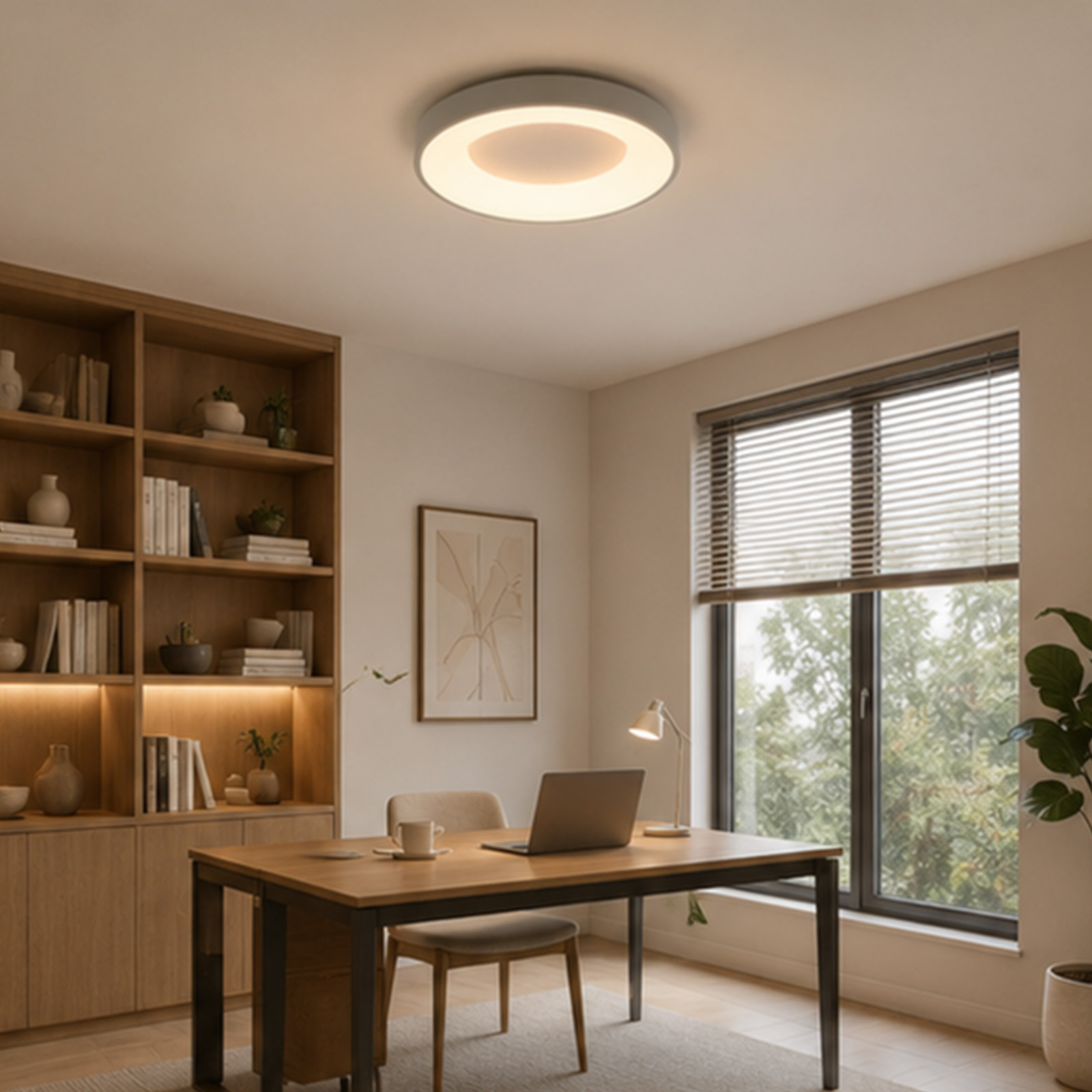 Moderna lámpara de techo ilumina una elegante oficina en casa con estantería y escritorio de madera.