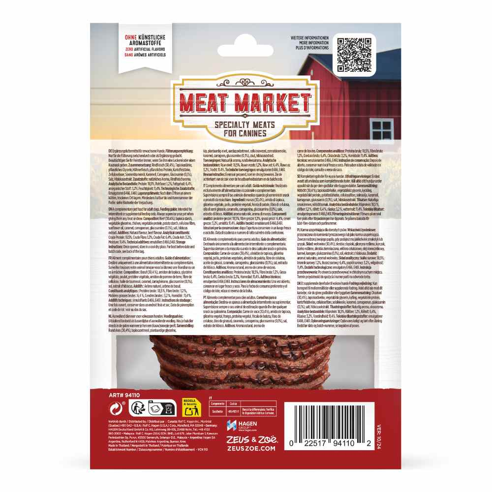 Empaque de bocadillos de carne para perros con texto e ilustración de carnicería.