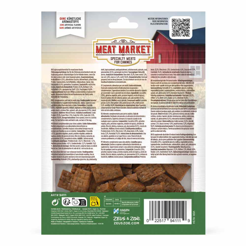 Empaque de golosinas para perros con encabezado rojo, detalles del producto y primer plano de un bocadillo.