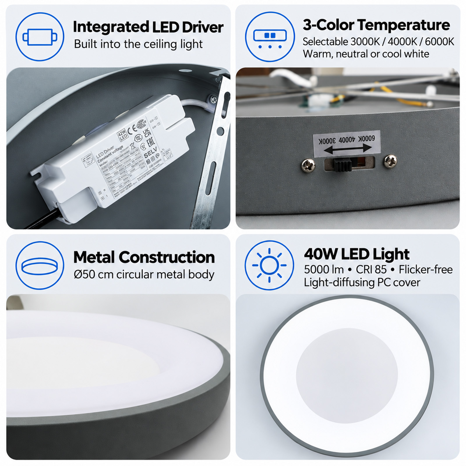 Cuatro imágenes muestran detalles de la luz de techo: controlador integrado, selector de temperatura, cuerpo metálico y luz LED de 40W.