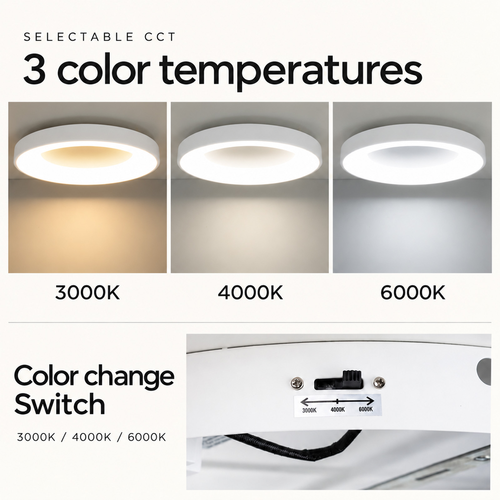 Una luz de techo LED redonda con tres temperaturas de color seleccionables: 3000K, 4000K y 6000K, y un interruptor.