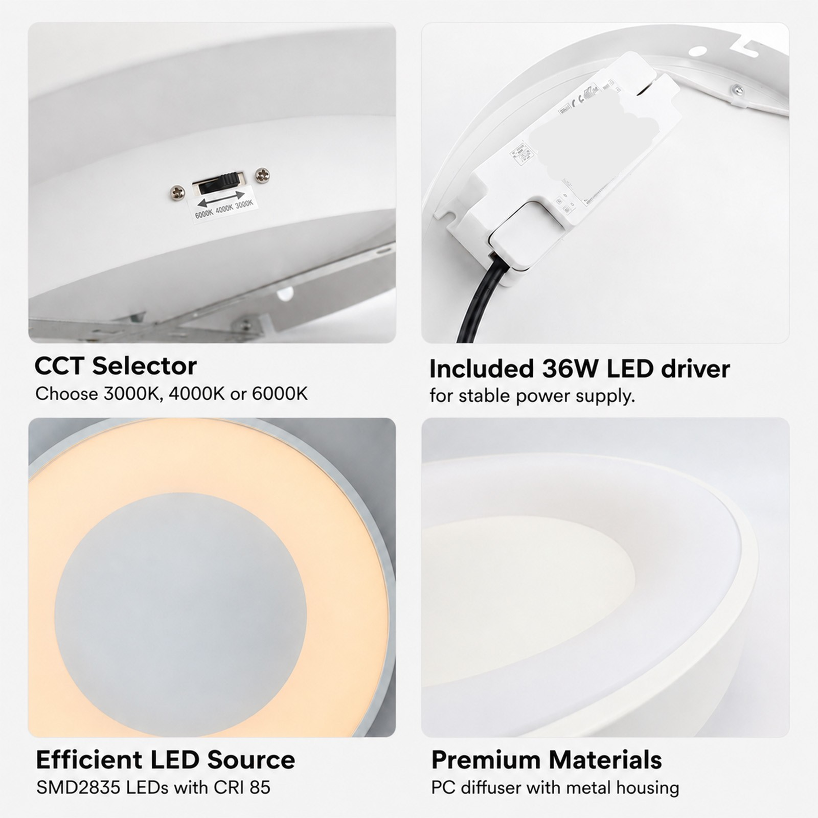 Cuatro imágenes muestran detalles de la luz de techo: interruptor CCT, controlador LED y materiales.