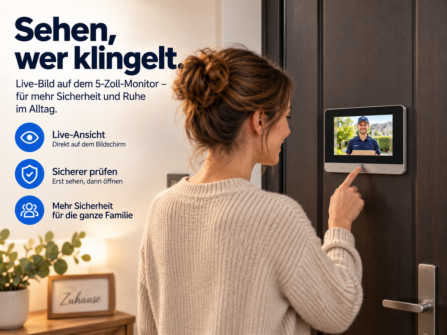 Eine Frau in einem beigen Pullover drückt auf den Bildschirm einer Video-Gegensprechanlage neben einer Holztür.