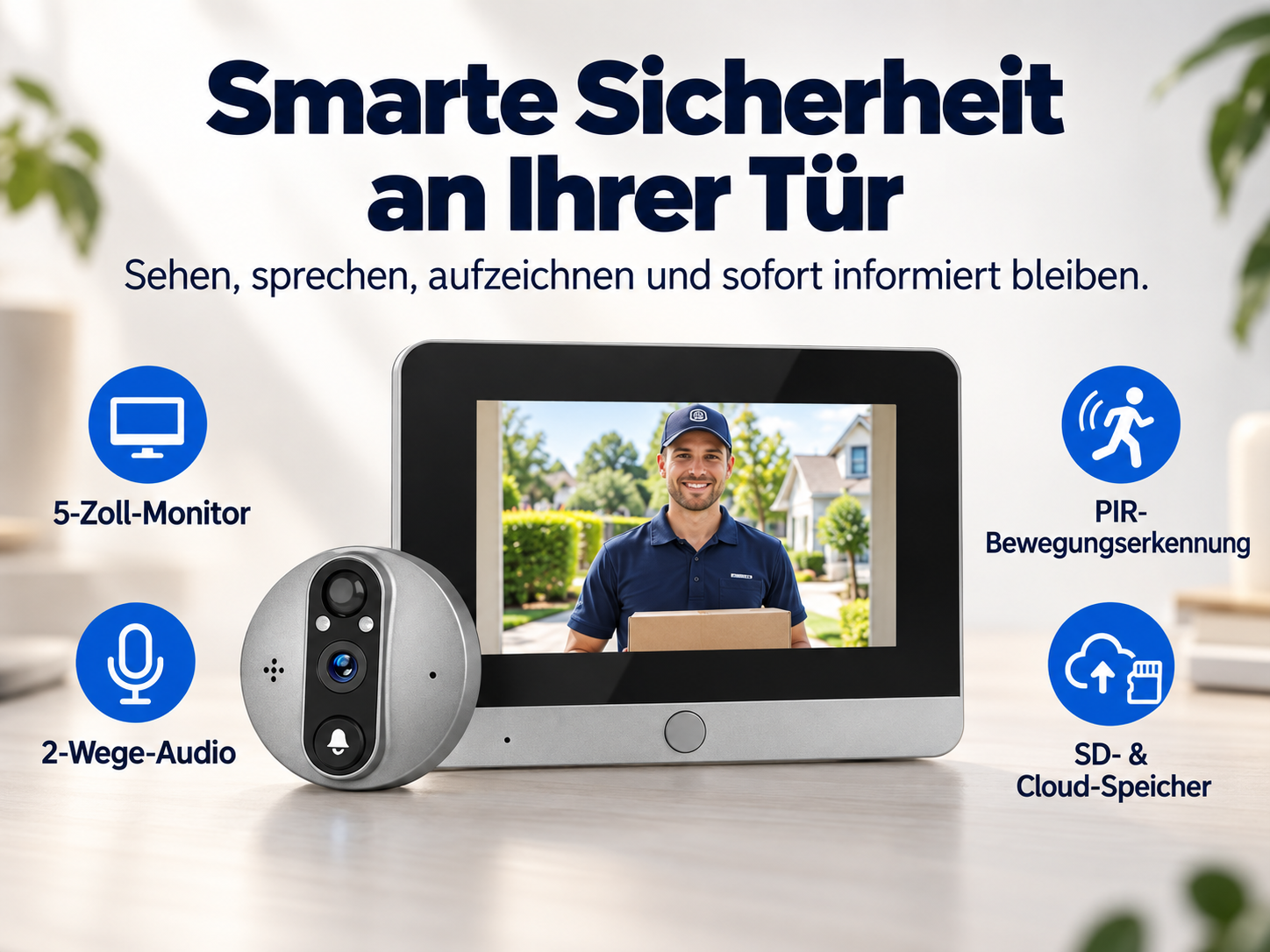 Sterne-Sicherheit an der Tür mit Monitor, runder Türklingel und Icons für Funktionen wie Audio und Bewegung.