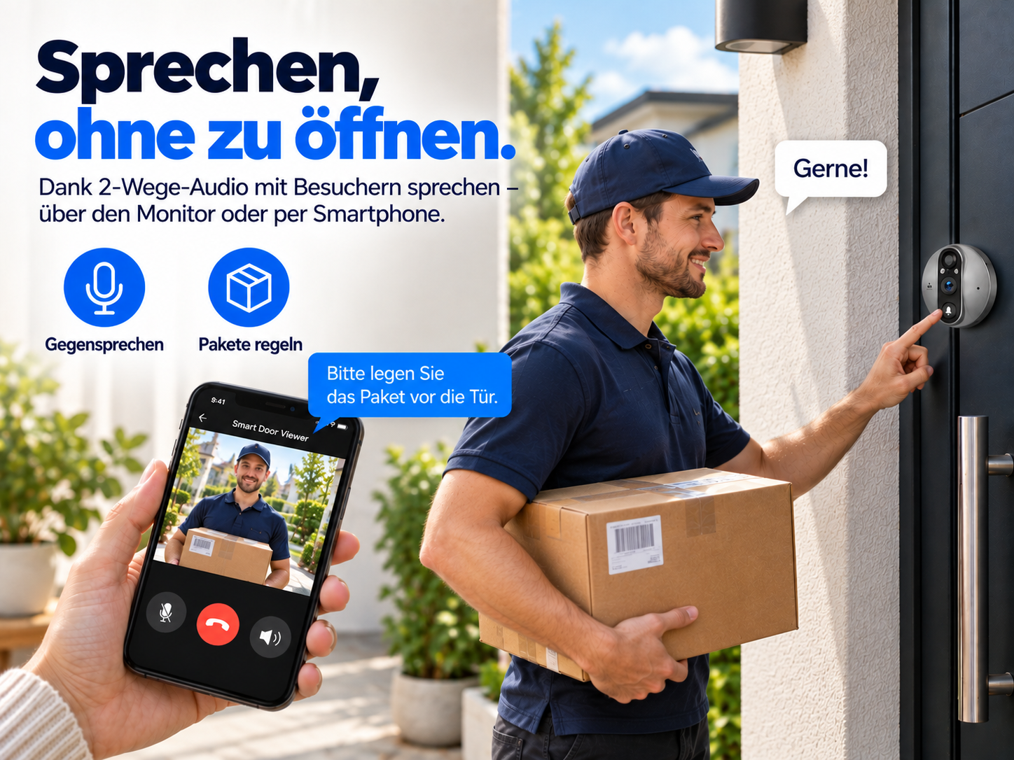 Ein Lieferant in blauer Uniform drückt einen smarten Türgong und hält ein Paket, während eine Hand ein Smartphone zeigt.