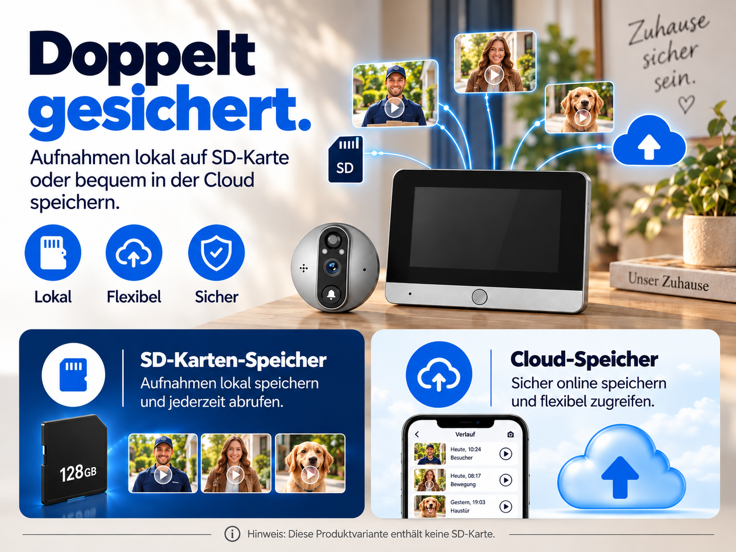 Werbebild für Überwachungskamera mit SD-Karten- und Cloud-Speicheroptionen.