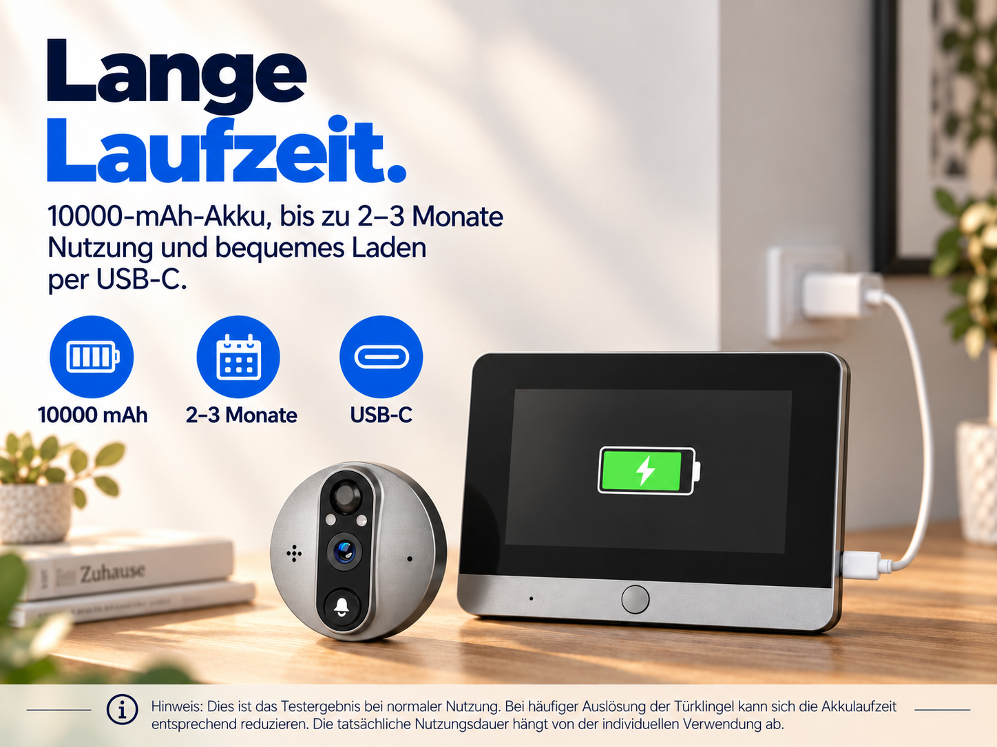 Eine smarte Videoklingel und ein Display auf einem Tisch mit Text über Akkulaufzeit und USB-C-Laden.