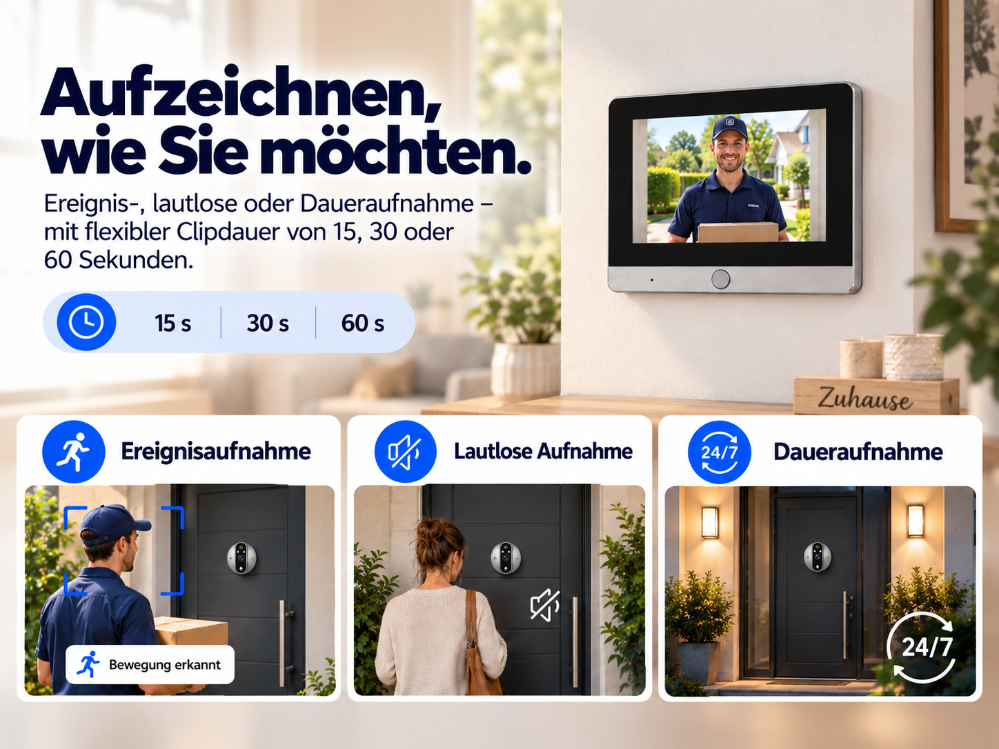 Display zeigt Lieferanten, darunter drei Symbole für Ereignis-, lautlose und Daueraufnahme.