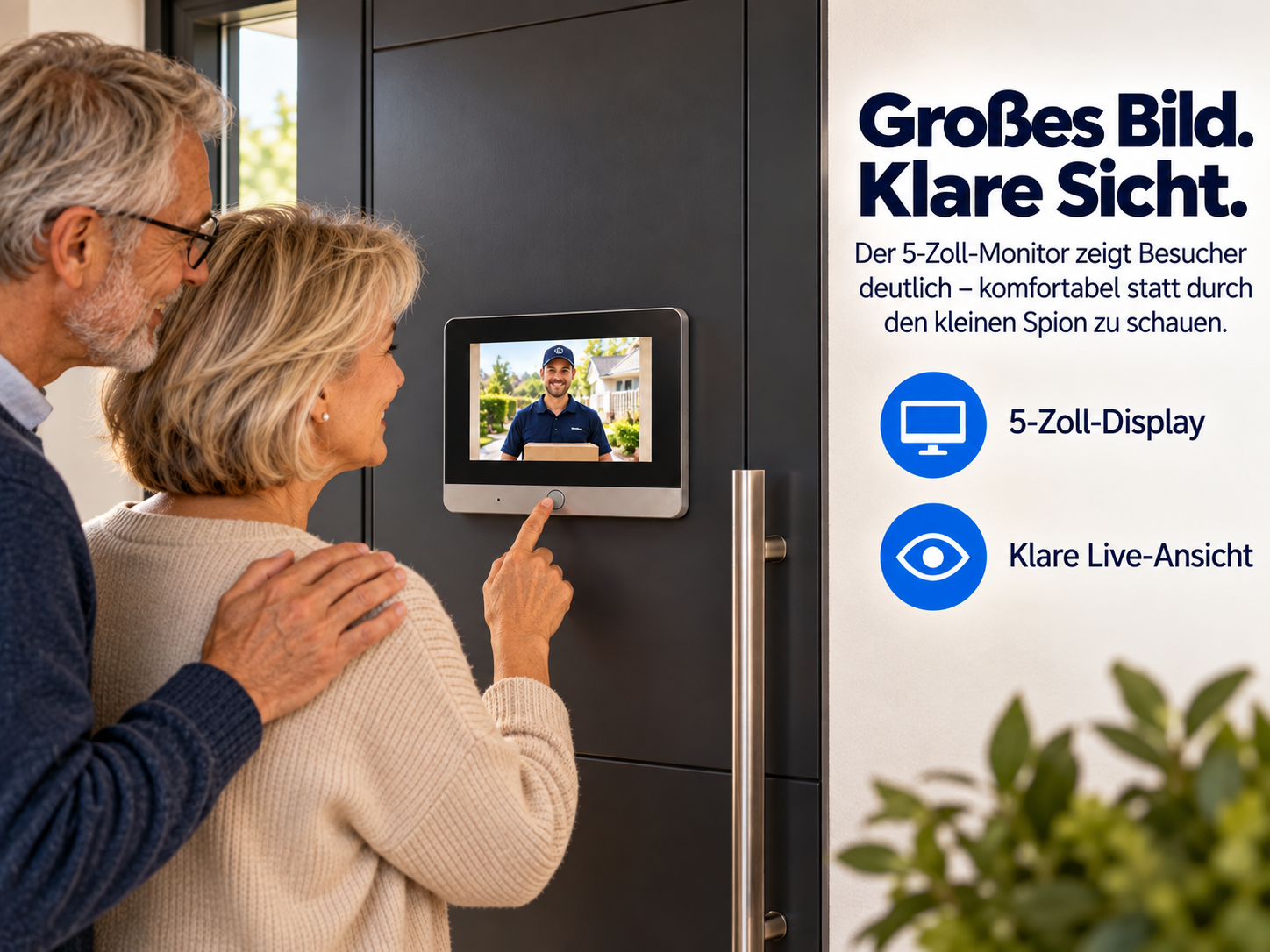 Älteres Paar schaut auf einen Bildschirm an der Haustür, der einen Lieferanten zeigt.