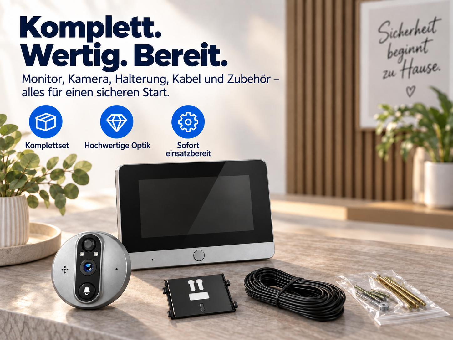 Sprechanlagen-Set auf Holztisch mit Monitor, Kamera, Halterung, Kabeln, Schrauben und deutschem Werbetext.
