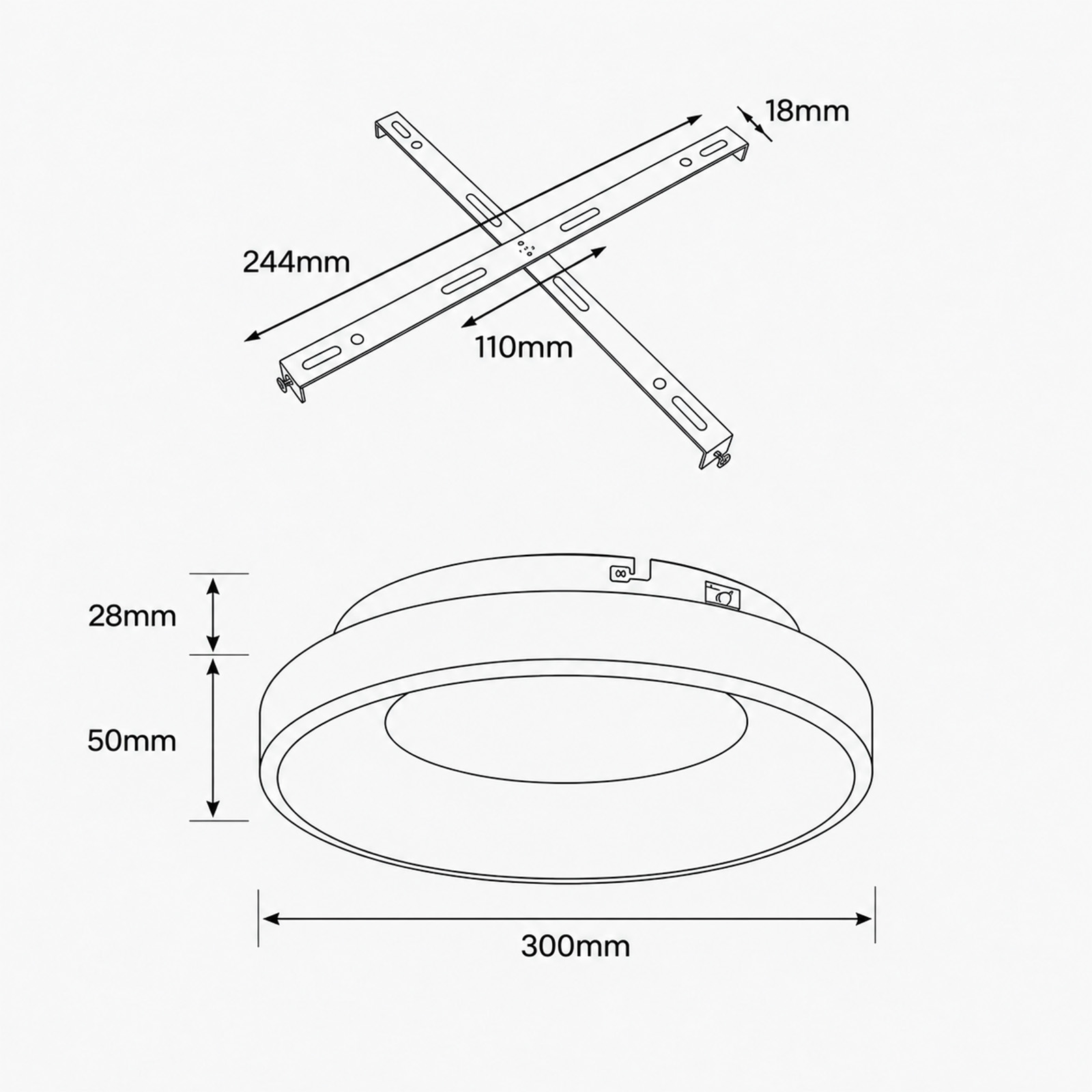 Dibujo técnico de una lámpara de techo redonda con soporte en cruz y dimensiones.