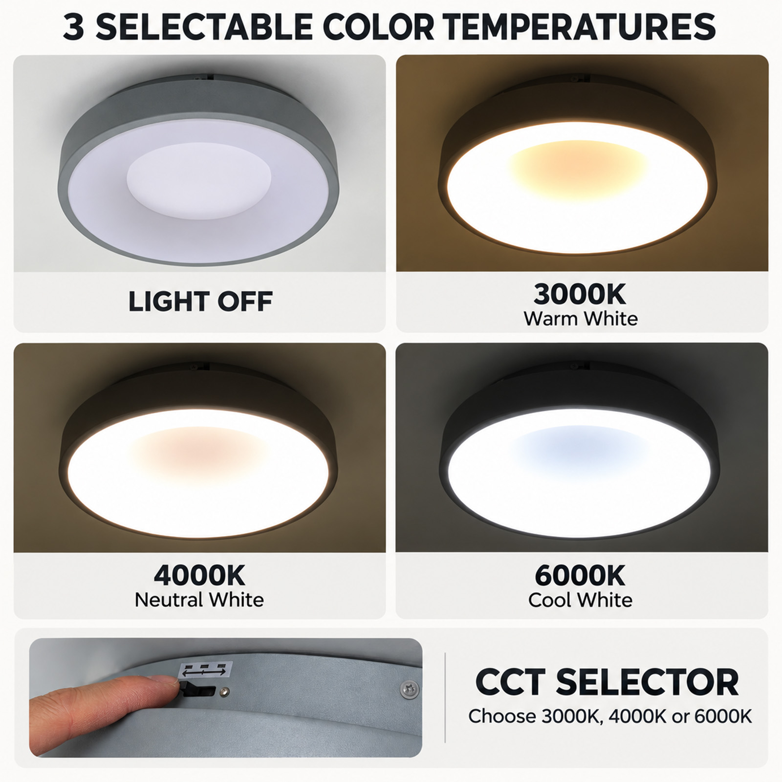 Lámpara de techo LED con tres temperaturas de color seleccionables: blanco cálido, neutro y frío.