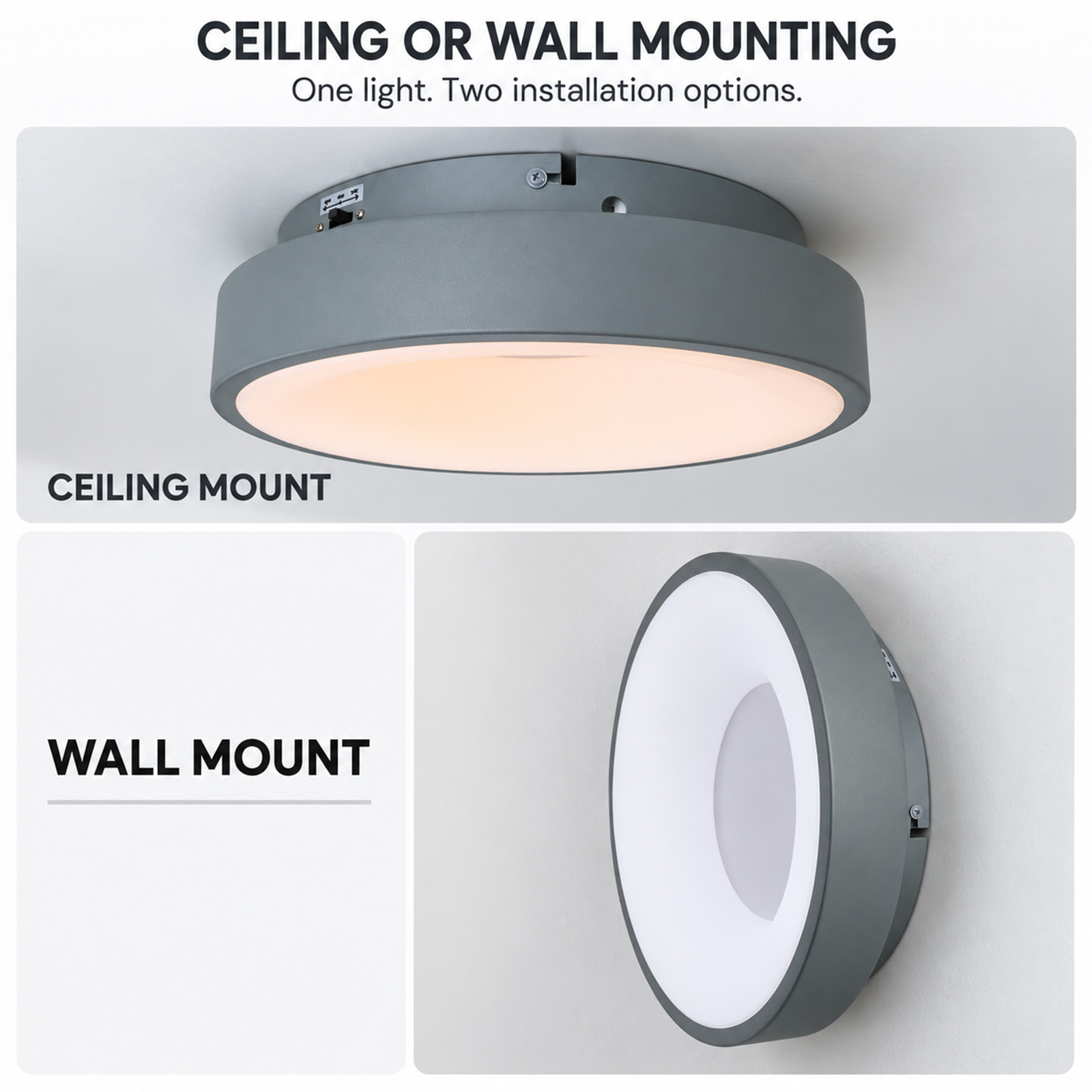 Luz LED redonda gris que muestra dos opciones de instalación para techo o pared.