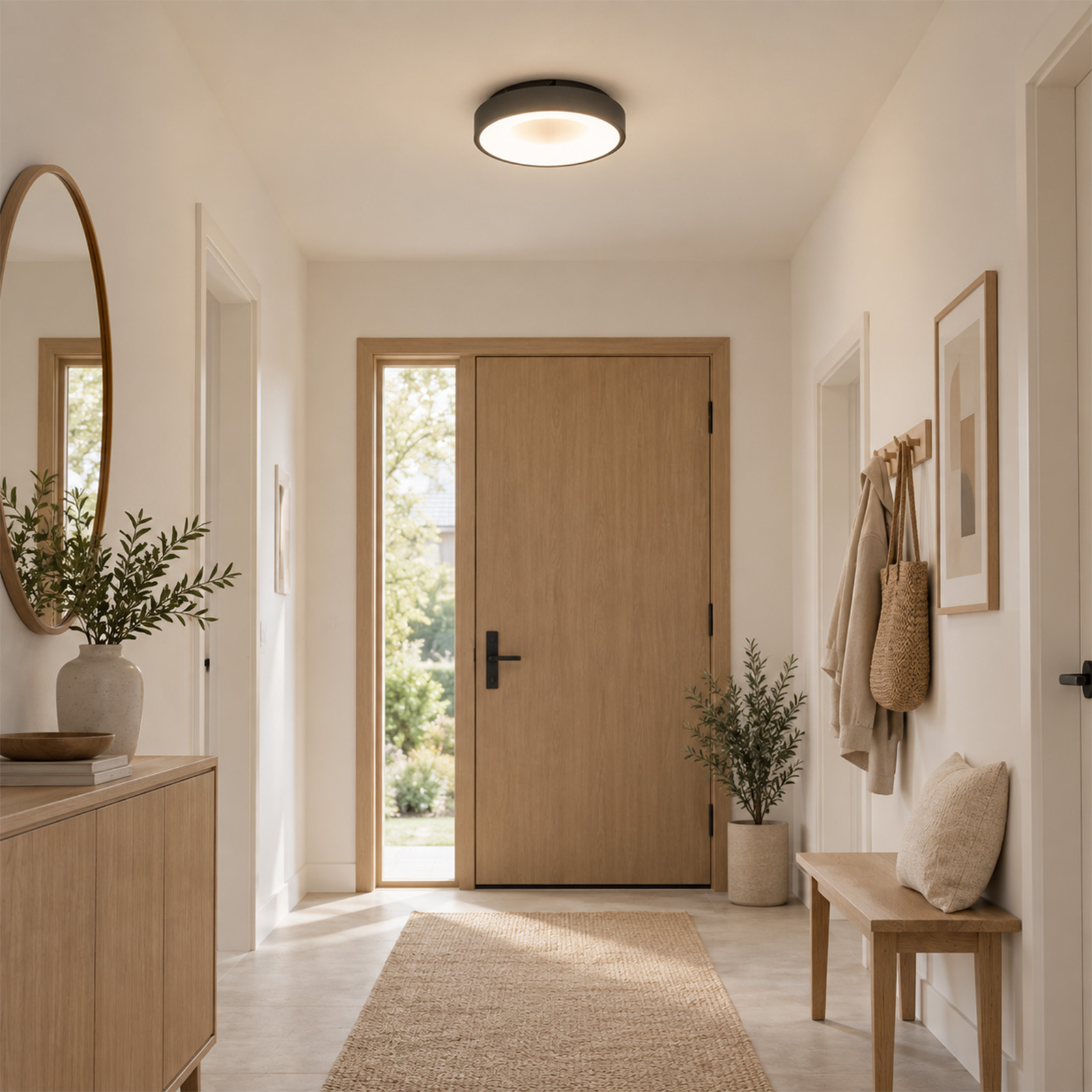 Pasillo luminoso con puerta de madera, consola, espejo, banco, alfombra y lámpara.