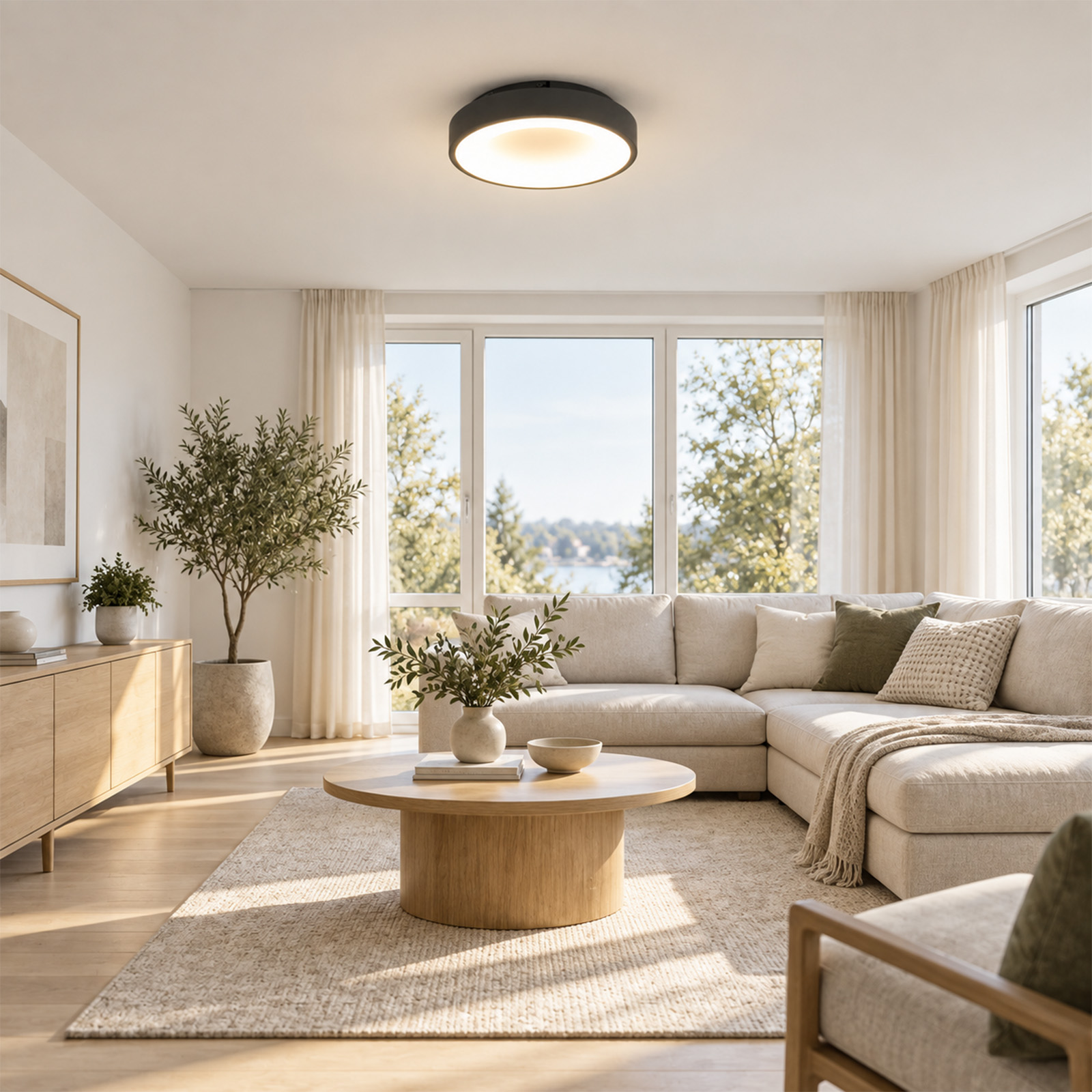 Un salón luminoso con un gran sofá, mesa de madera, plantas y lámpara de techo redonda.