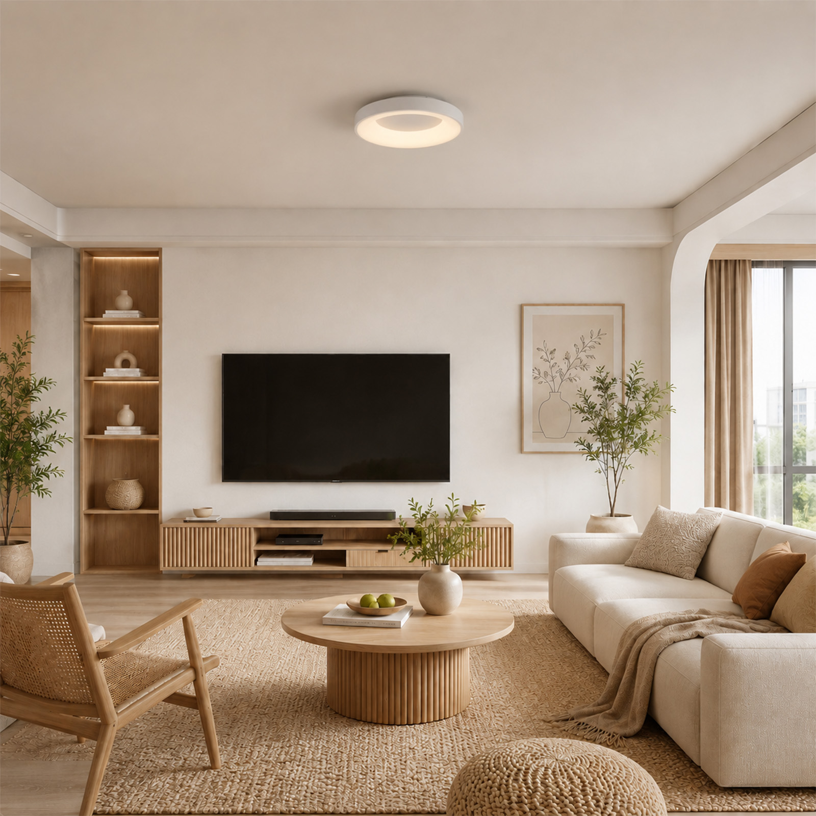 Acogedora sala con sofá blanco, mesa de centro de madera, TV en la pared, estantes y plantas.
