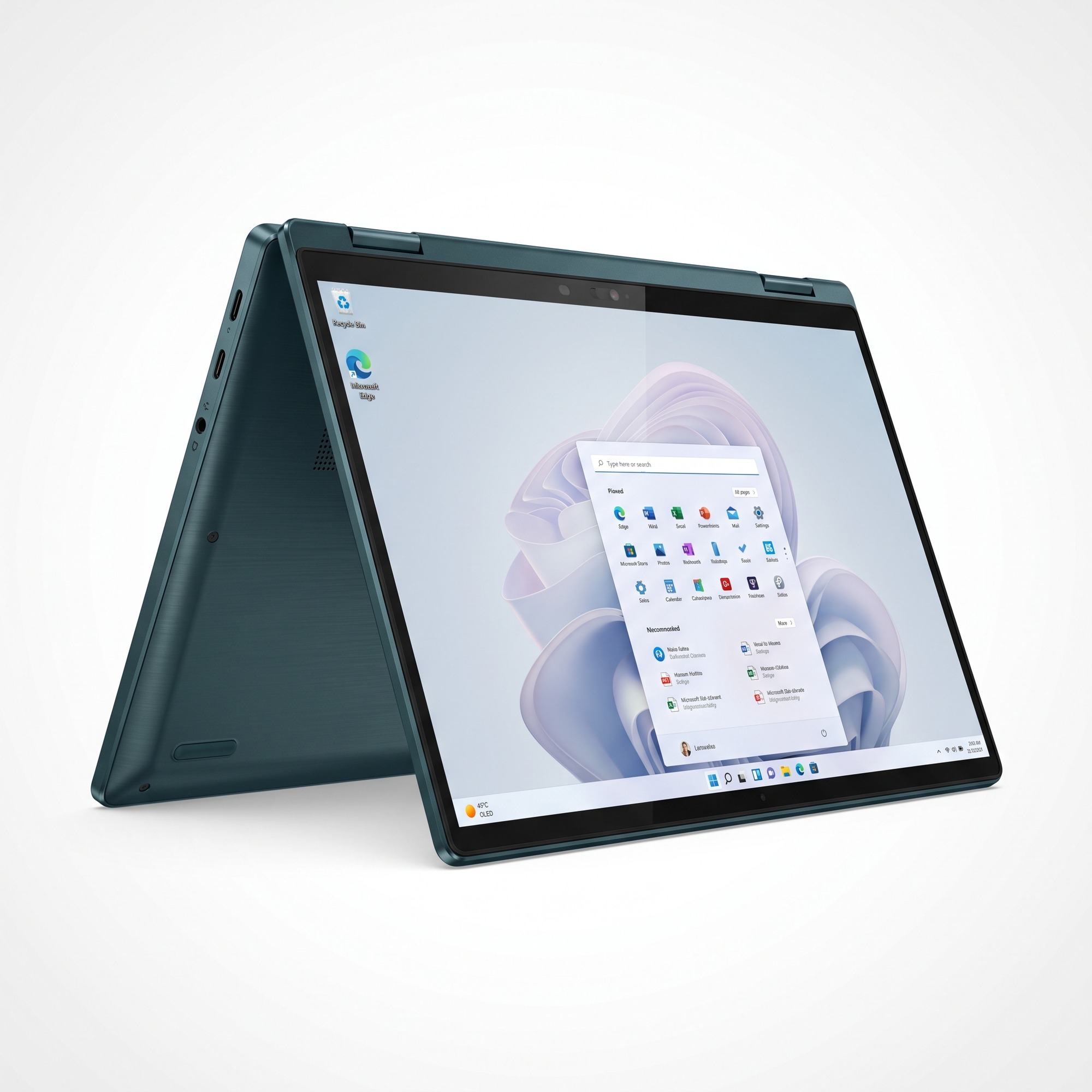 Beyaz zemin üzerinde, ekranında Windows 11 başlat menüsü açık olan teal renkli dönüştürülebilir dizüstü bilgisayar.