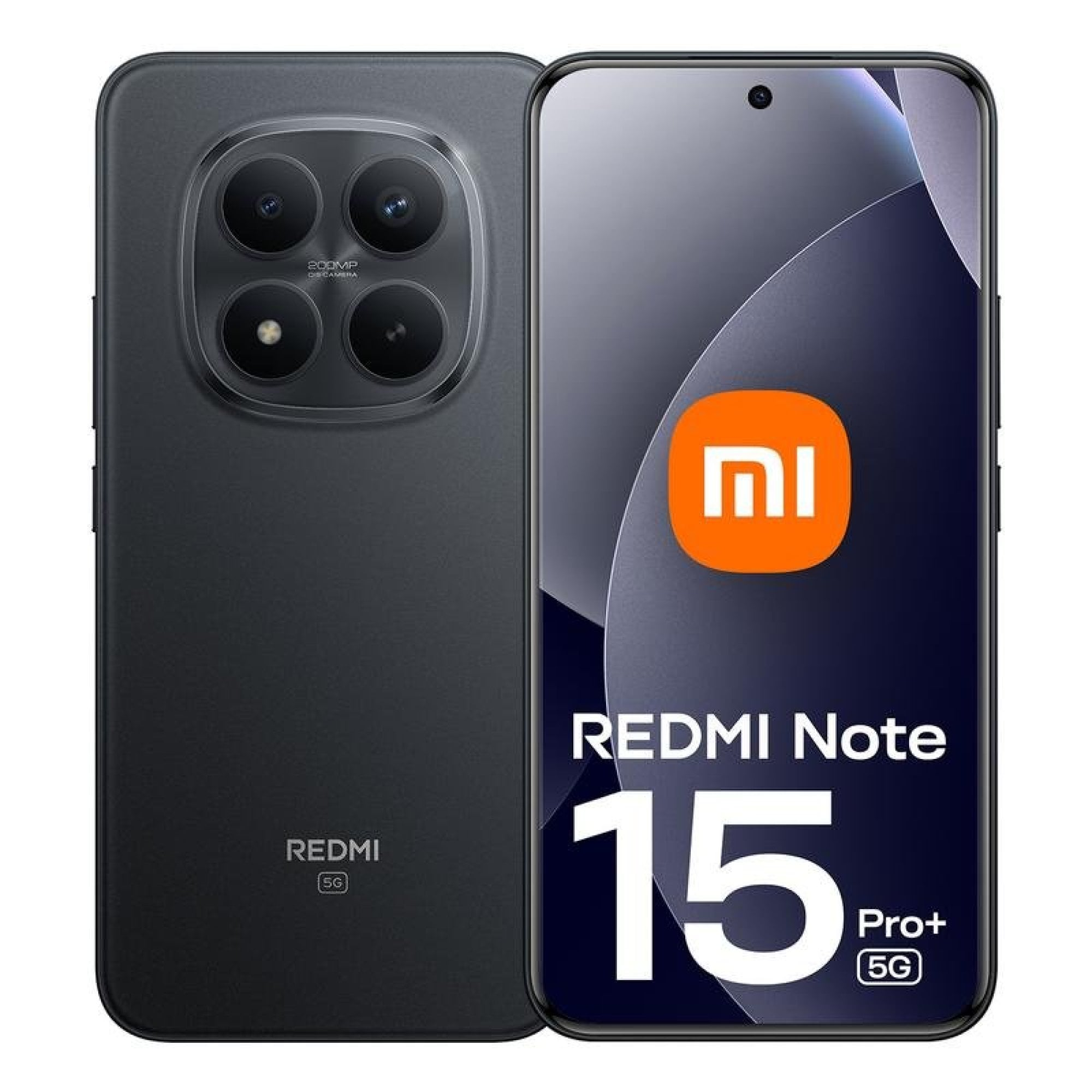 Front- und Rückansicht eines schwarzen Redmi Note 15 Pro+ 5G Smartphones mit Markenlogo auf dem Bildschirm.