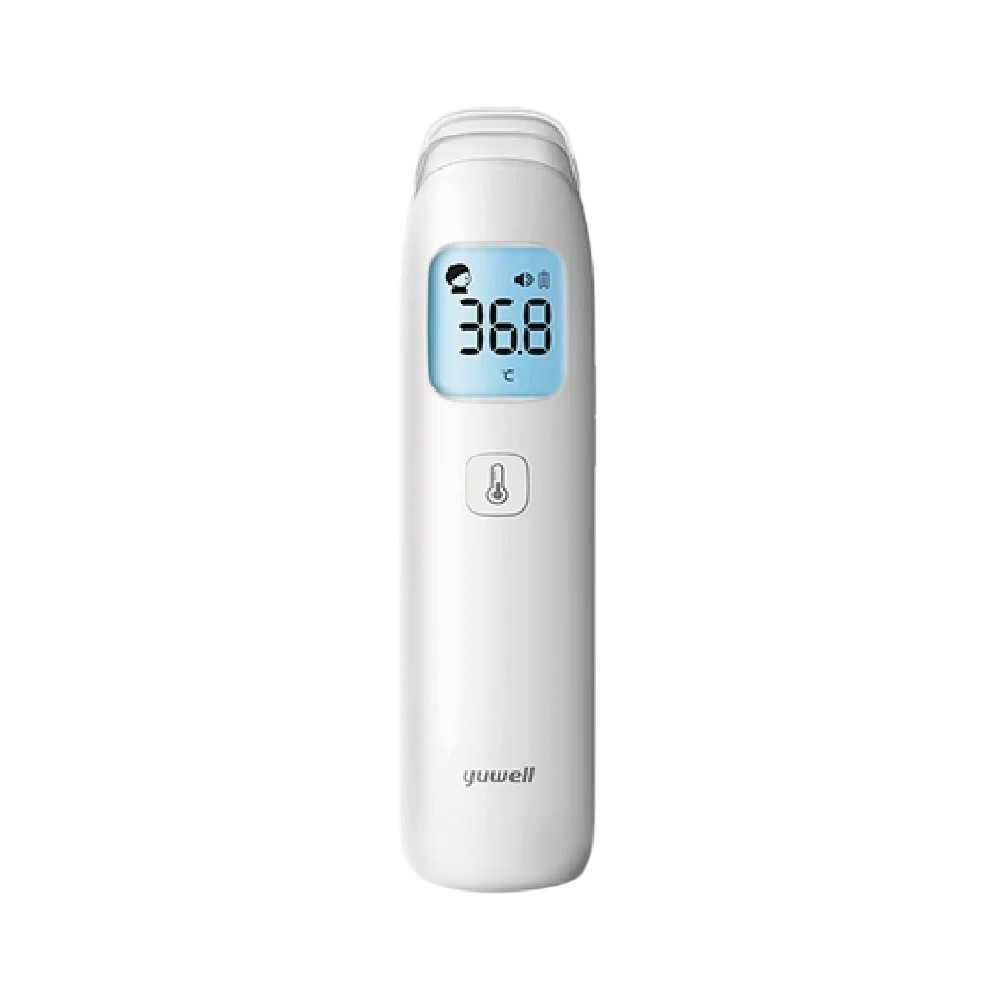 Un termometro a infrarossi digitale bianco con display blu che mostra 36,8 gradi.