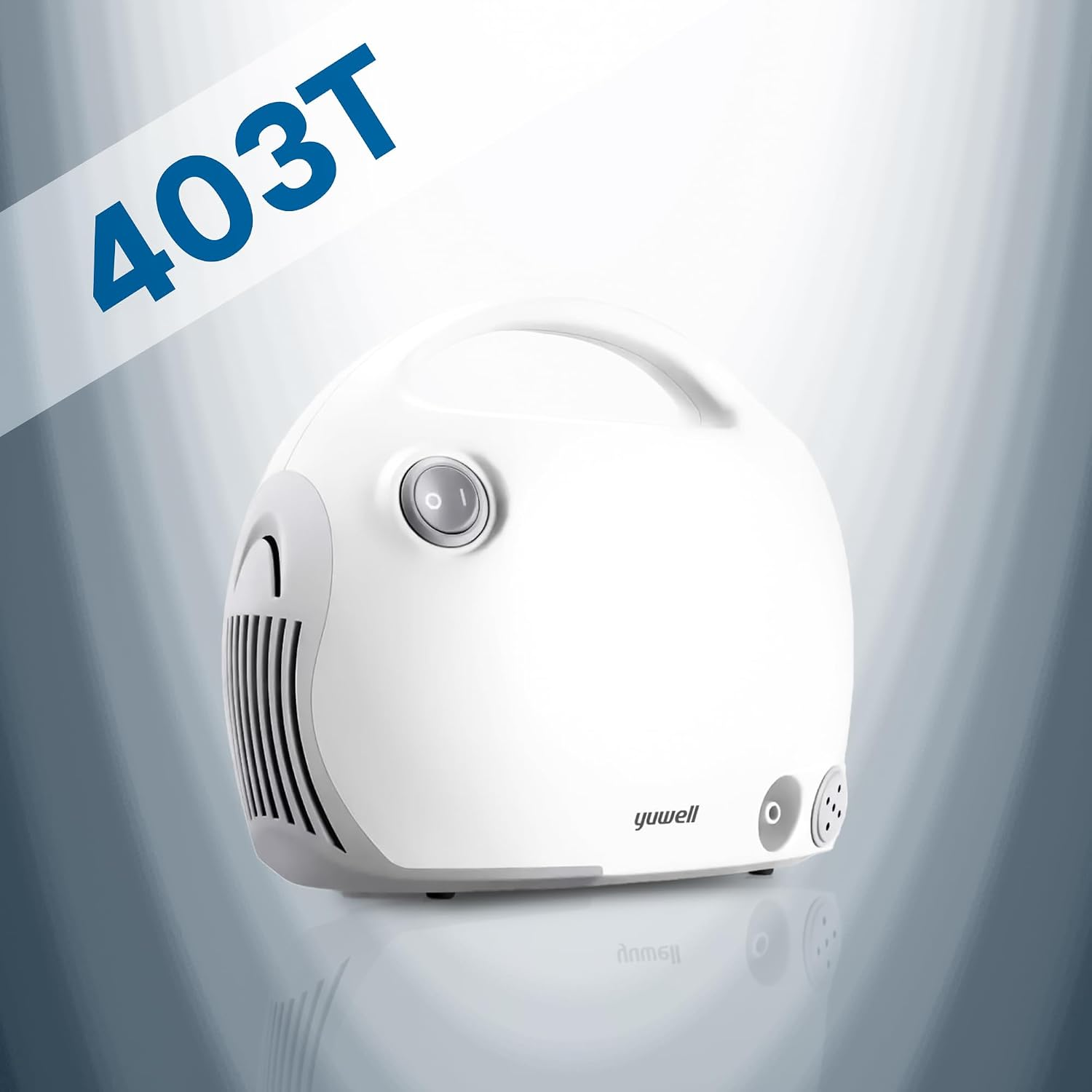 Un nébuliseur Yuwell 403T blanc sur une surface brillante devant un fond gris.