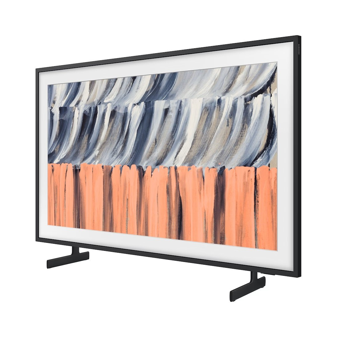 Un téléviseur à écran plat avec un cadre noir fin sur pieds, affichant une peinture abstraite aux tons bleus, blancs et pêche.
