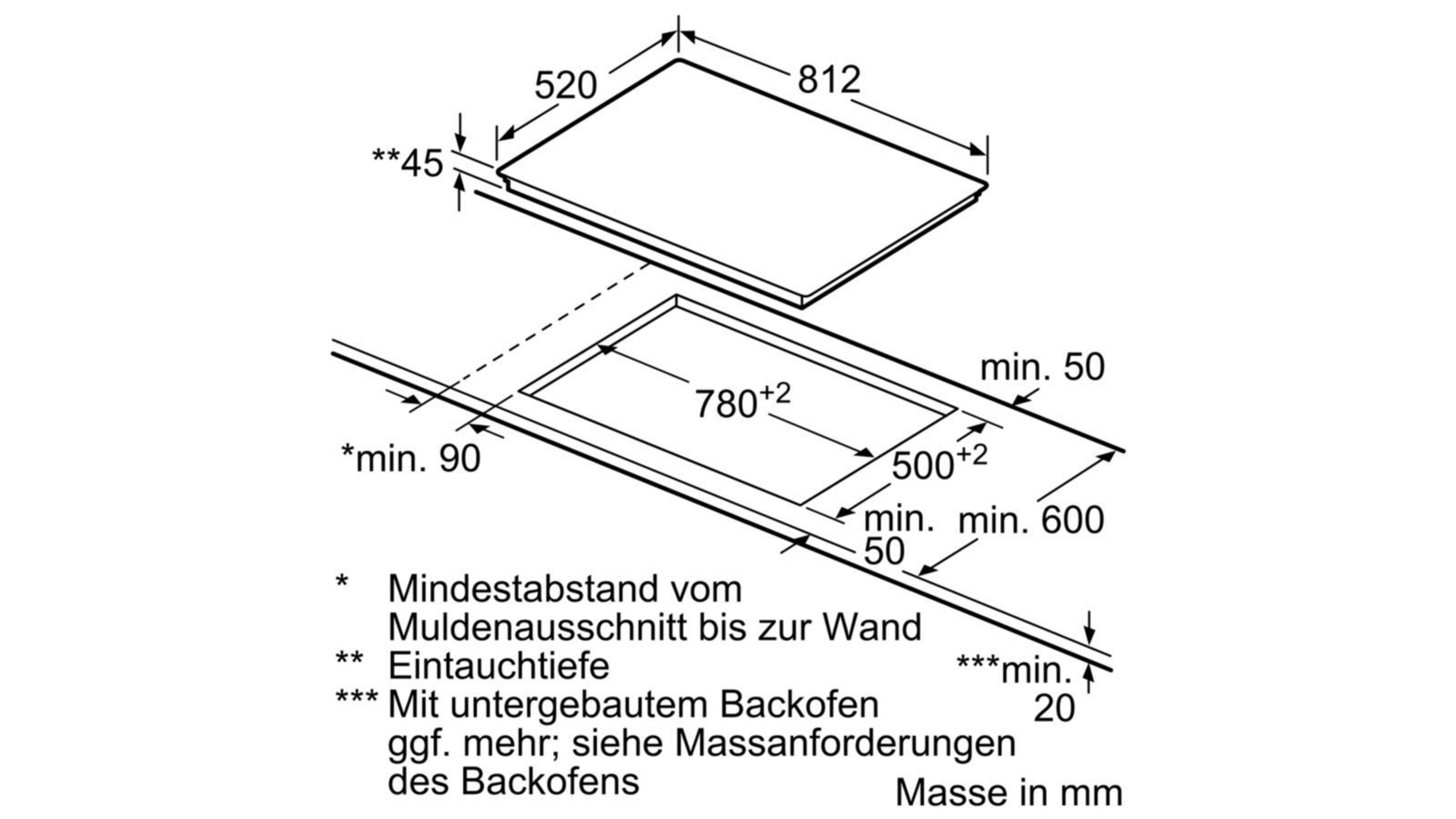 Disegno tecnico di un piano cottura con dimensioni in millimetri e istruzioni di installazione su sfondo bianco.