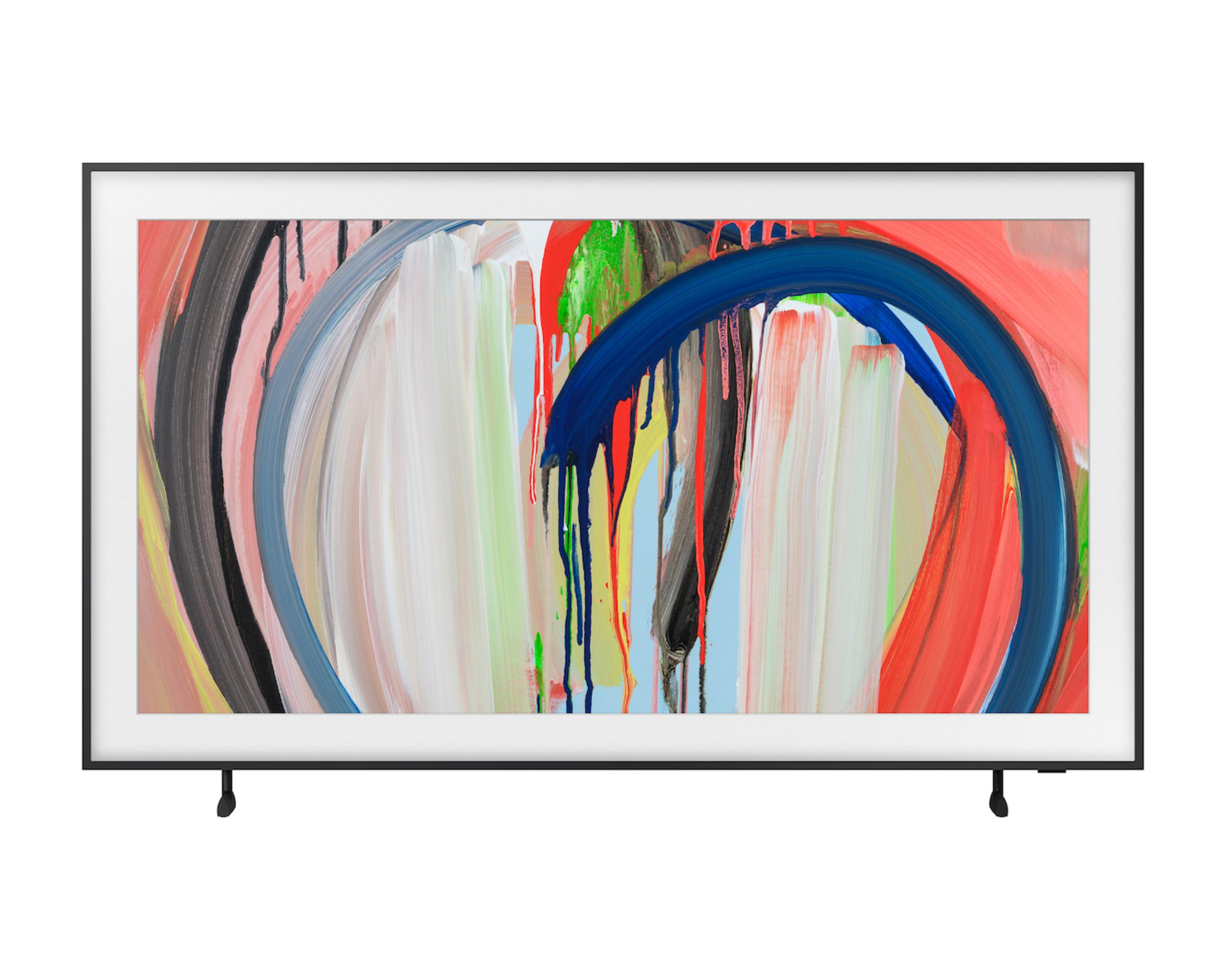 Un téléviseur sans cadre affiche une peinture abstraite avec des coups de pinceau colorés.