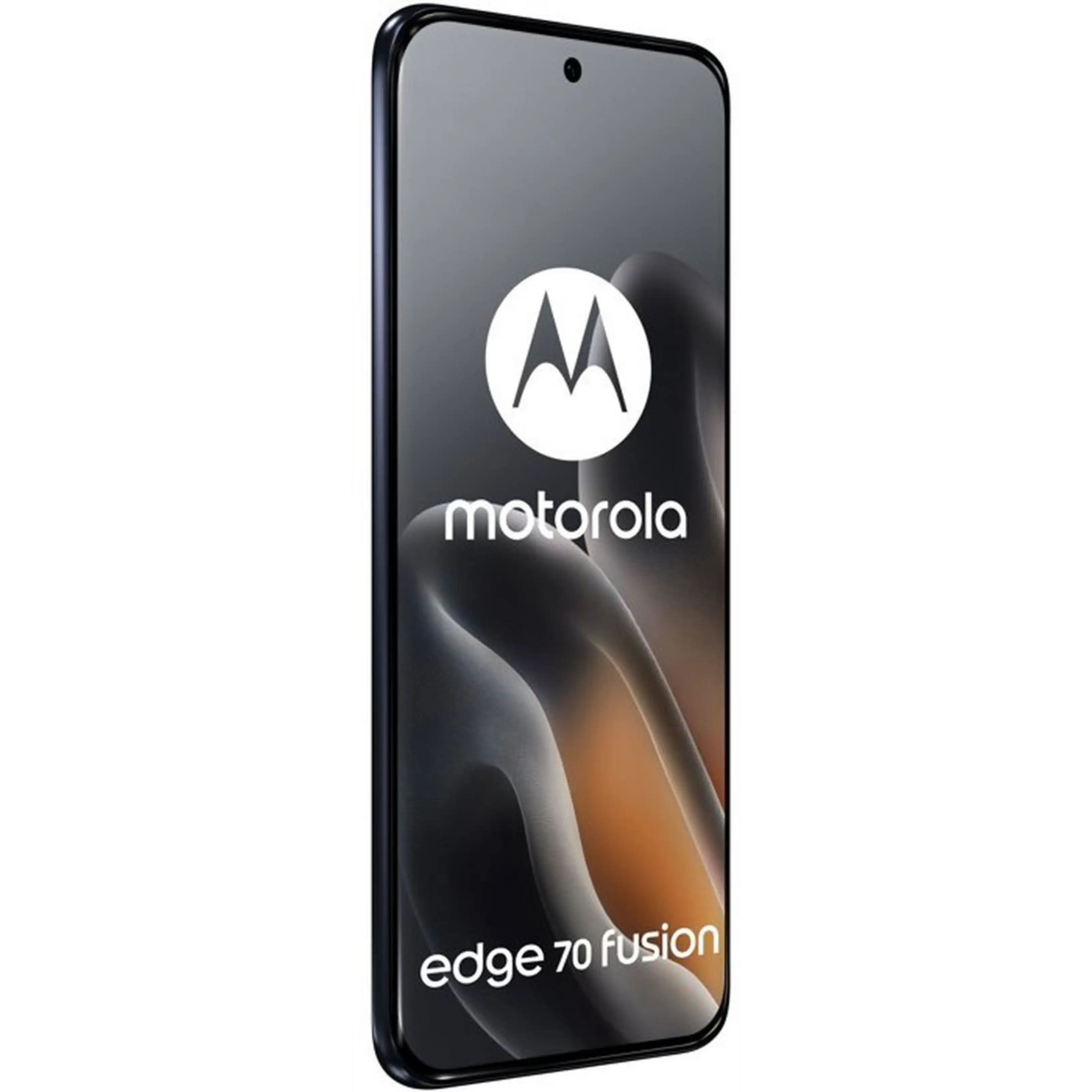 Smartphone Motorola Edge 70 Fusion su sfondo nero con logo e testo bianchi.