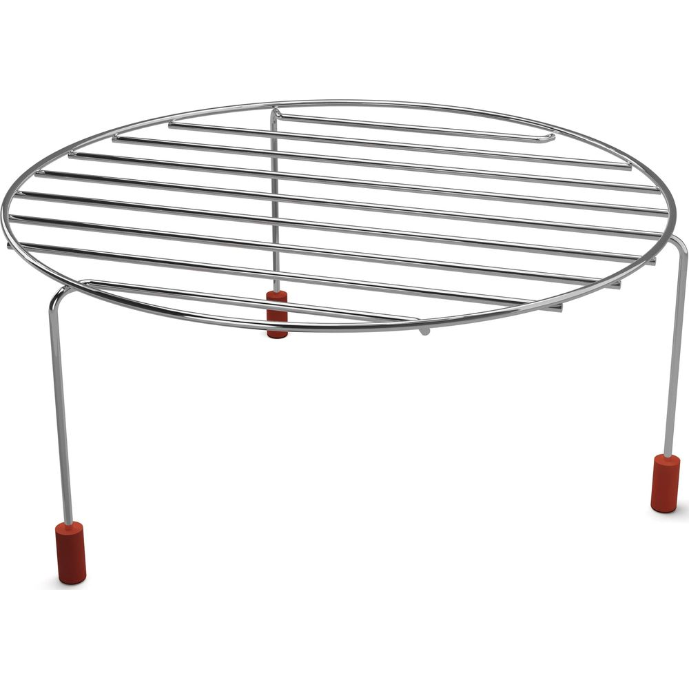Rundes Edelstahl-Grillgitter mit roten Gummifüßen auf weißem Hintergrund.