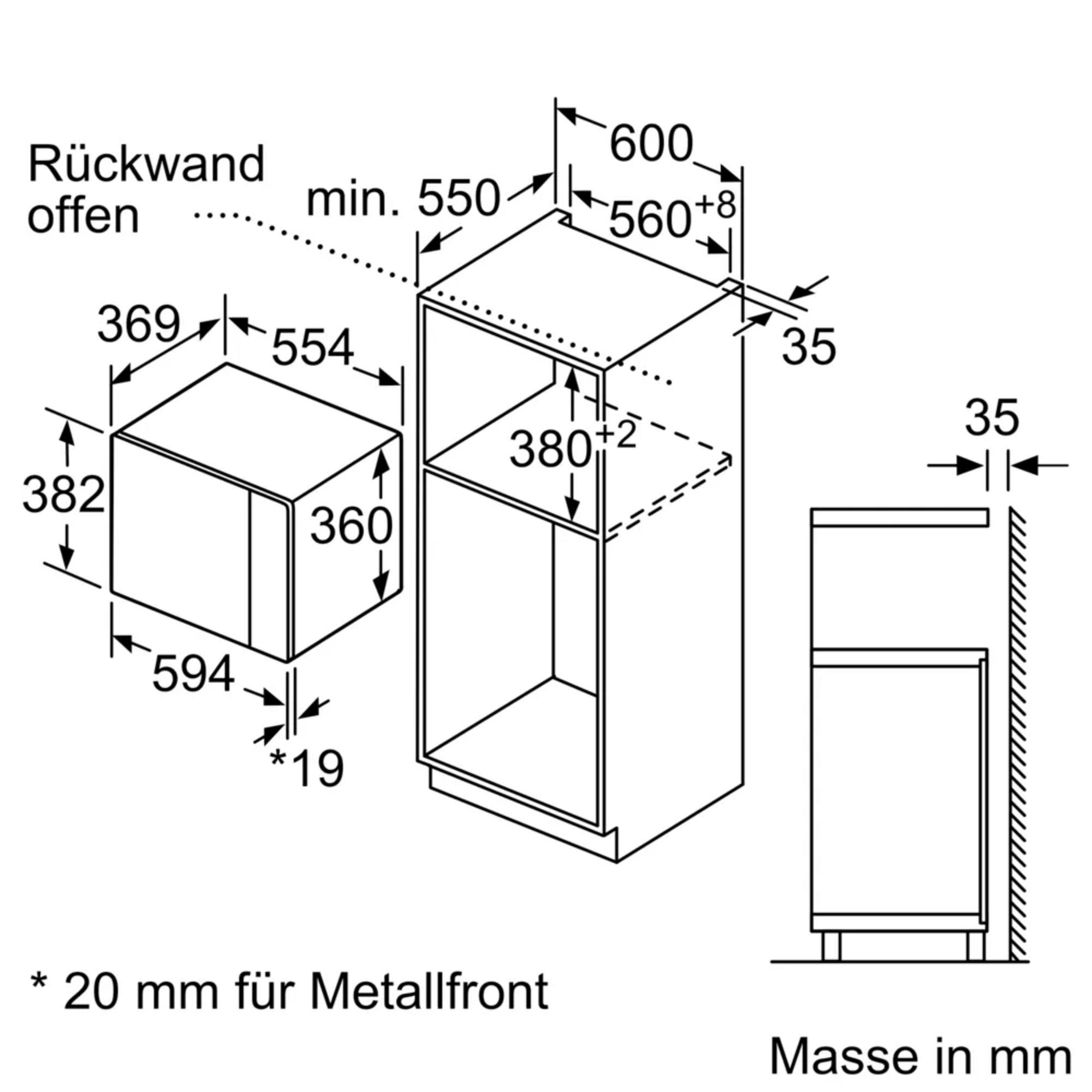 Technische Zeichnung eines Küchschranks mit Maßangaben in Millimetern.