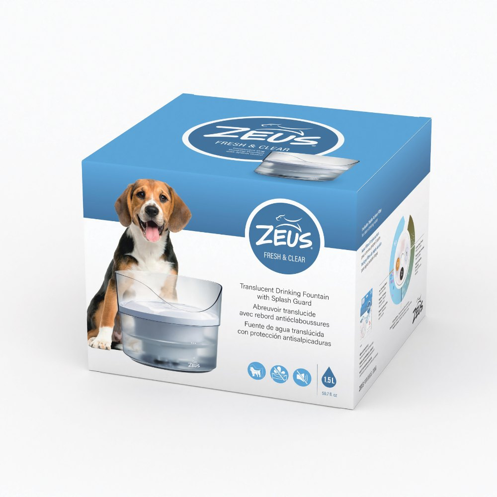 Una caja azul y blanca para la fuente Zeus con un beagle y la imagen del producto.