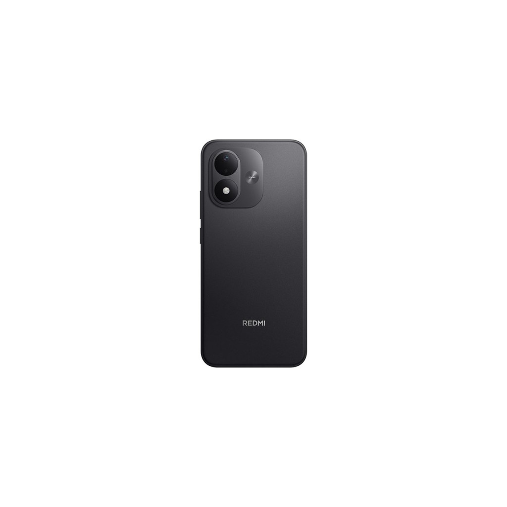 Beyaz arkaplanda çift lensli kamera modülü ve logosu görünen koyu gri Redmi akıllı telefonun arkası.