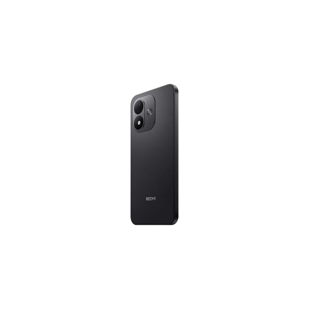Arka tarafı görünen siyah bir Redmi akıllı telefon, iki kamera lensi ve Redmi logosu var.