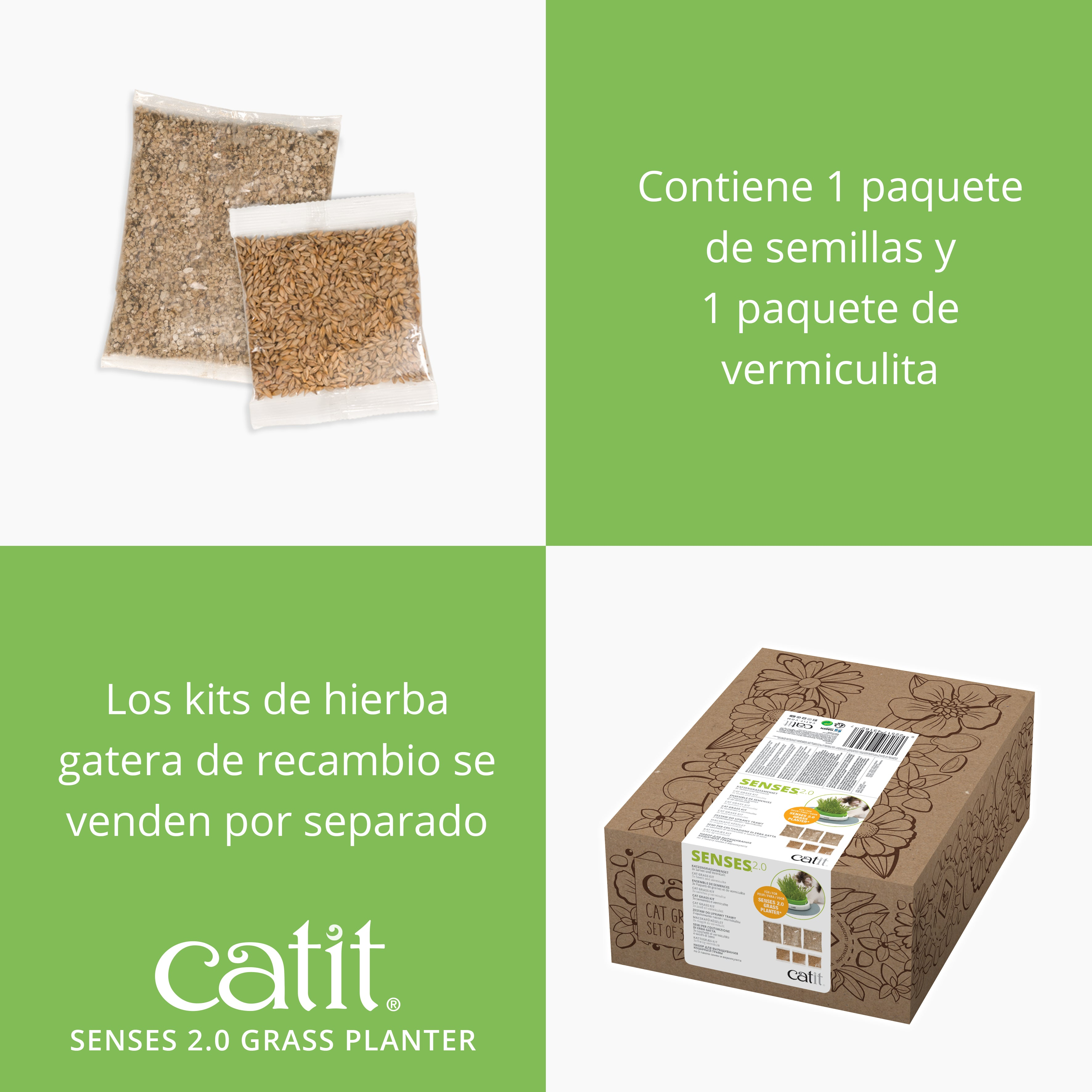 Un juego con recambios, semillas y vermiculita para Catit Grass Planter.