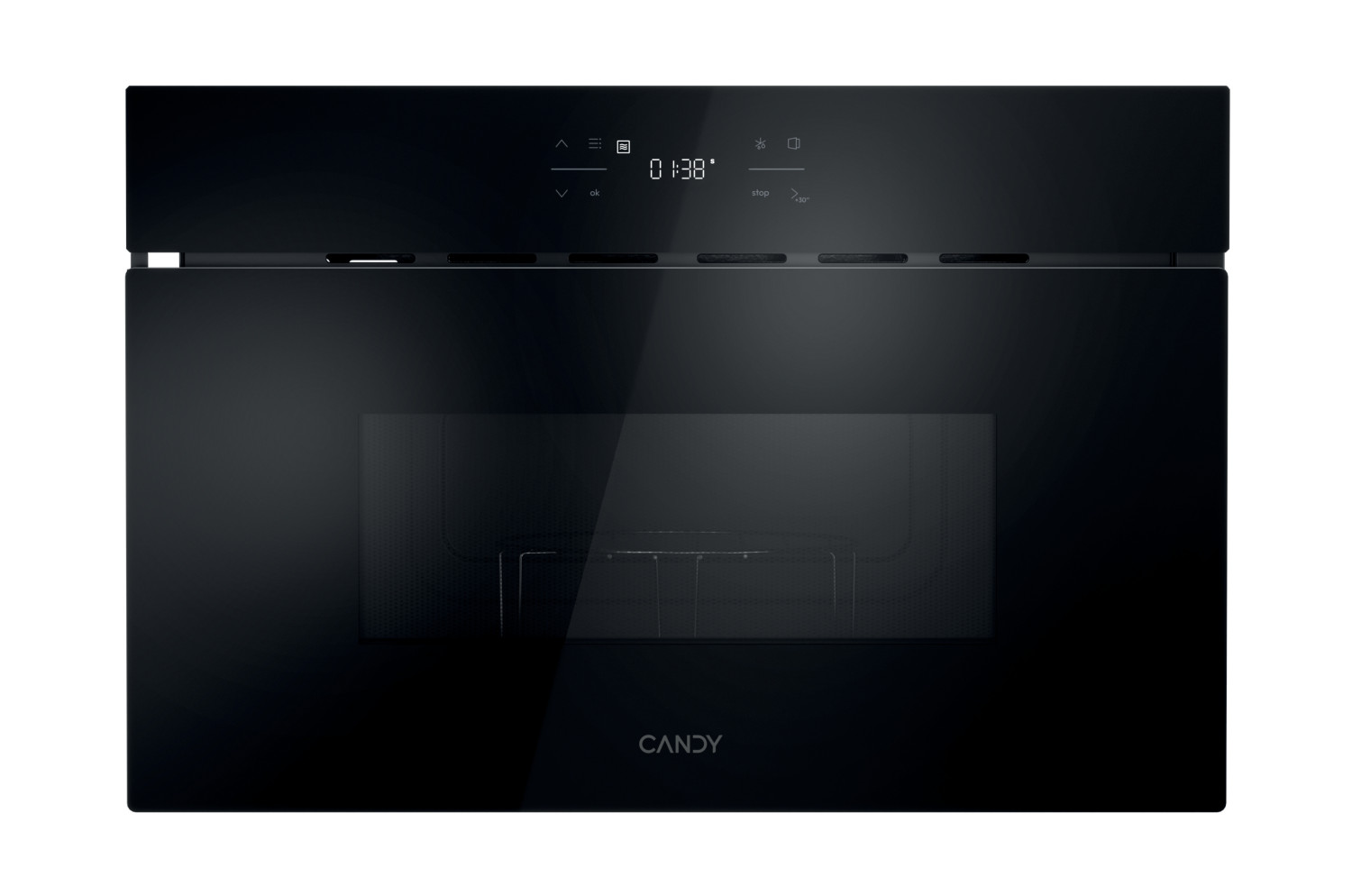 Microonde da incasso nero con display digitale, pannello touch e logo Candy su sfondo bianco.