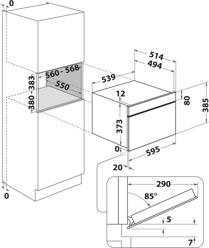 Disegno tecnico di un mobile per elettrodomestico con quote in millimetri.