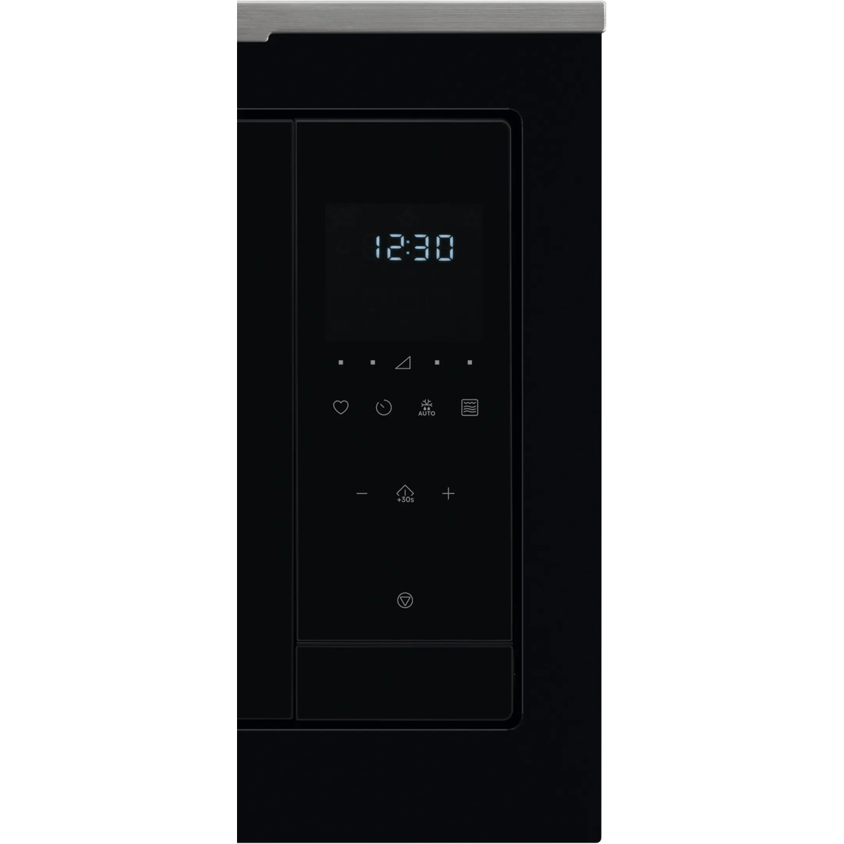 Pannello di controllo del microonde nero con display digitale e icone a sfioramento.