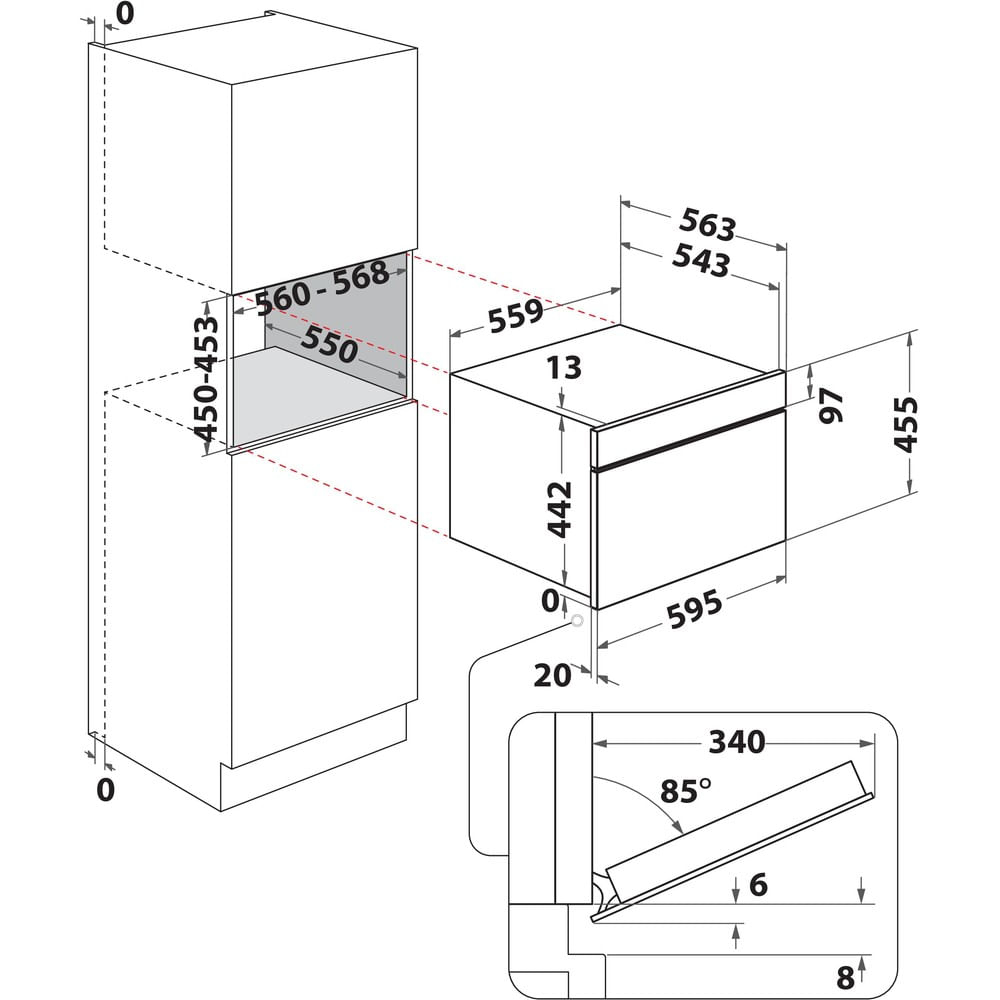 Disegno tecnico che mostra le dimensioni di installazione di un elettrodomestico.